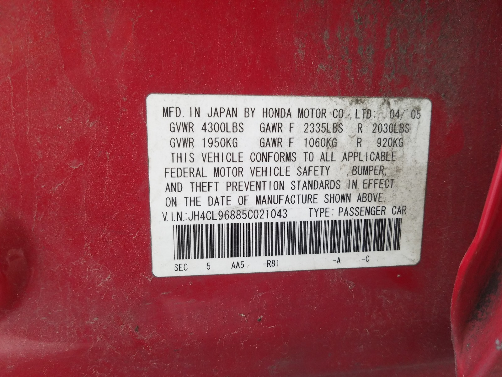 Photo 10 from auction – 2005 ACURA TSX with VIN JH4CL96885C021043