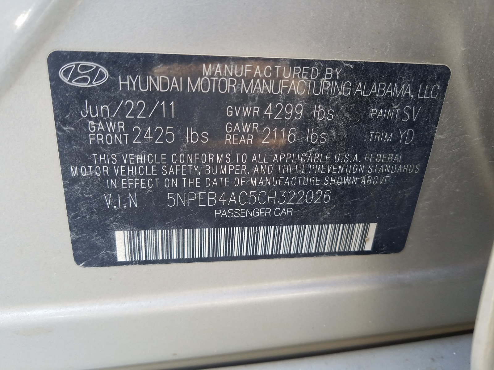 Photo 10 from auction – 2012 HYUNDAI SONATA GLS with VIN 5NPEB4AC5CH322026
