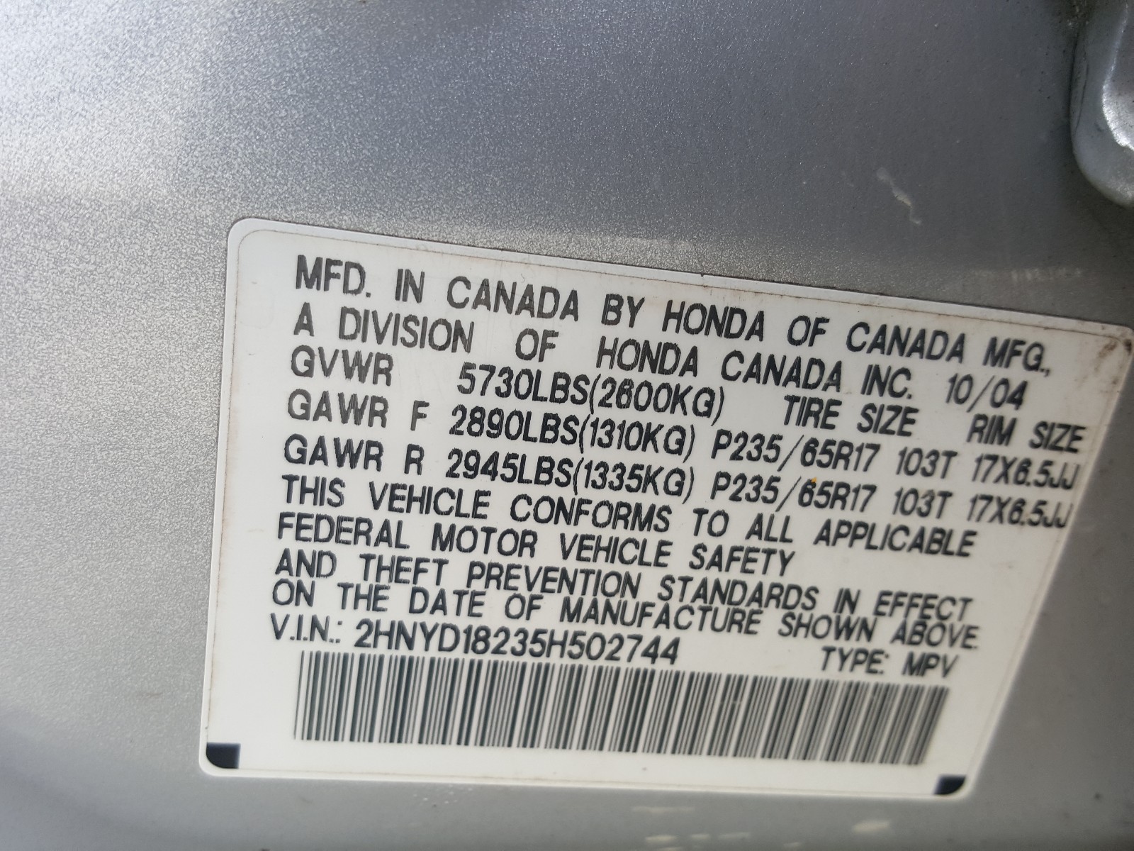 Photo 10 from auction – 2005 ACURA MDX with VIN 2HNYD18235H502744