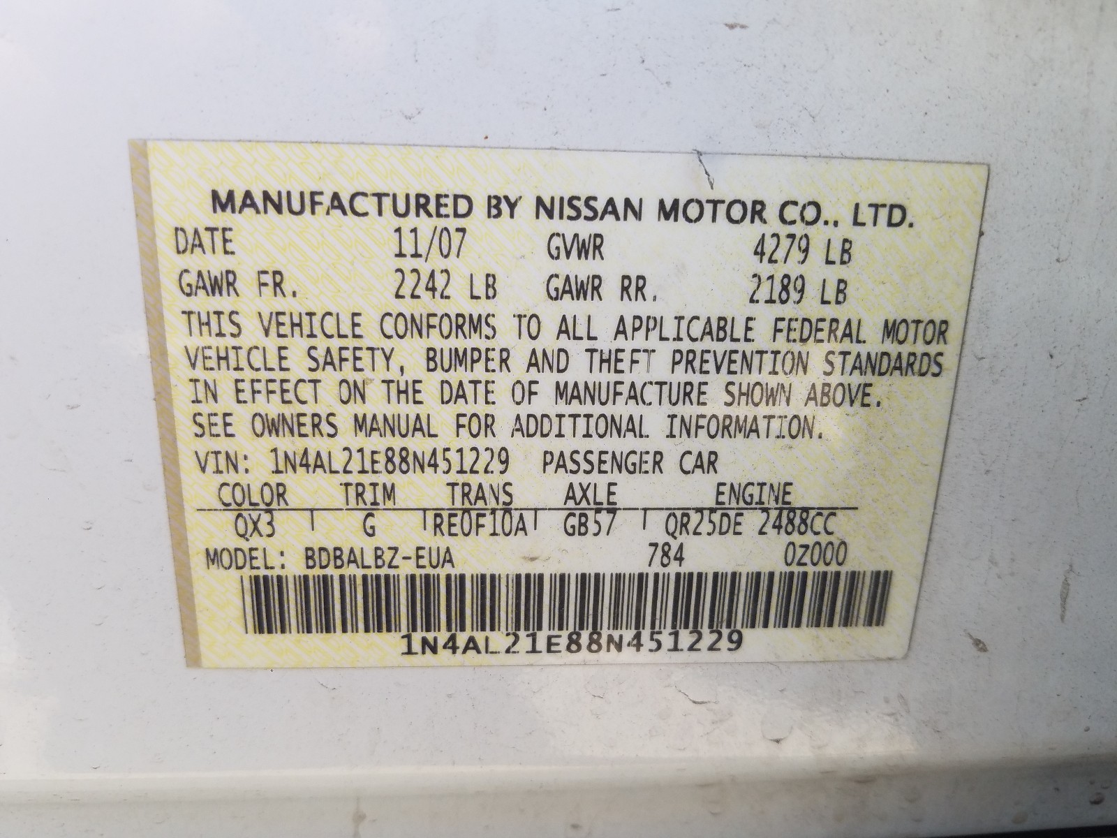 Photo 10 from auction – 2008 NISSAN ALTIMA 2.5 with VIN 1N4AL21E88N451229