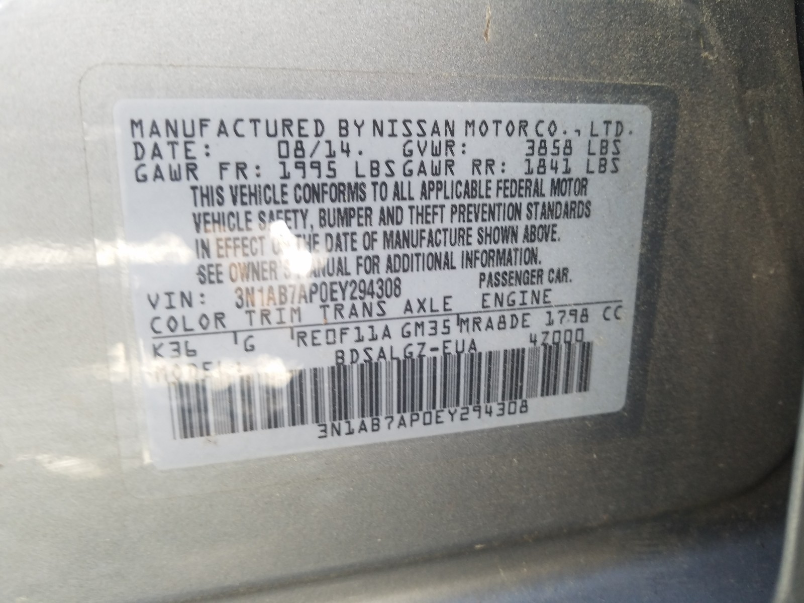 Photo 10 from auction – 2014 NISSAN SENTRA S with VIN 3N1AB7AP0EY294308