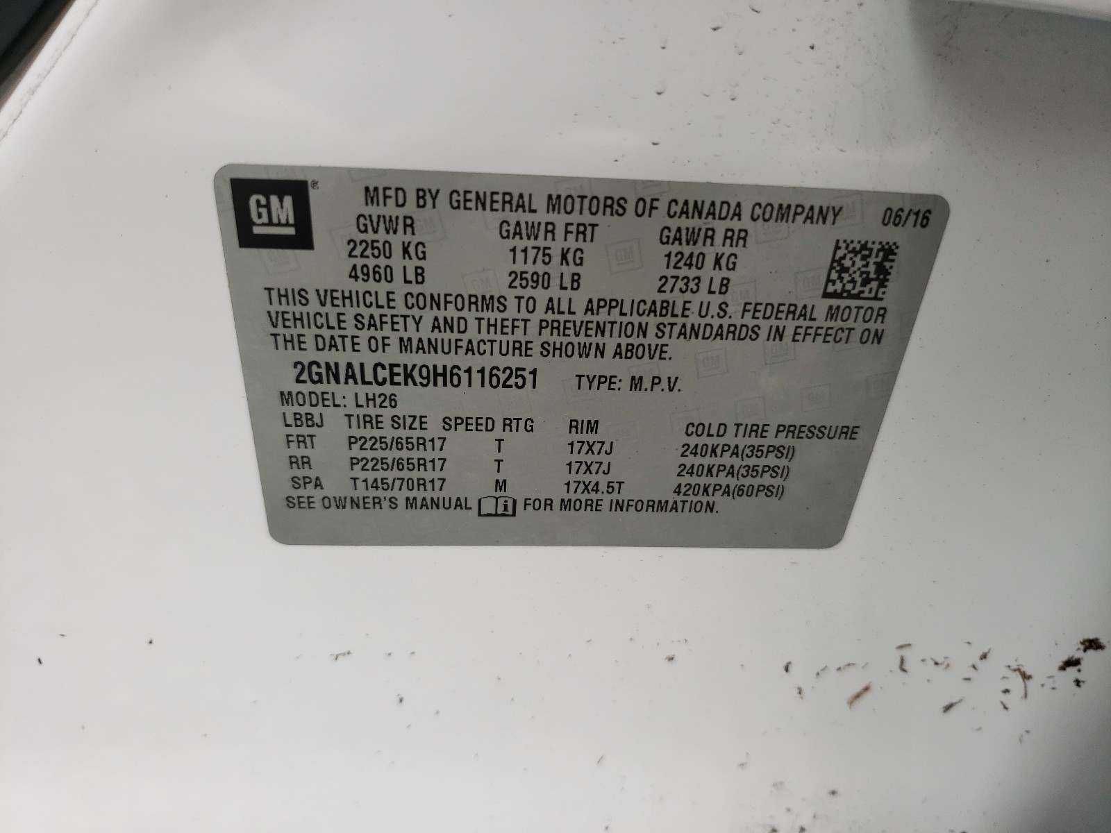 Photo 10 from auction – 2017 CHEVROLET EQUINOX LT with VIN 2GNALCEK9H6116251