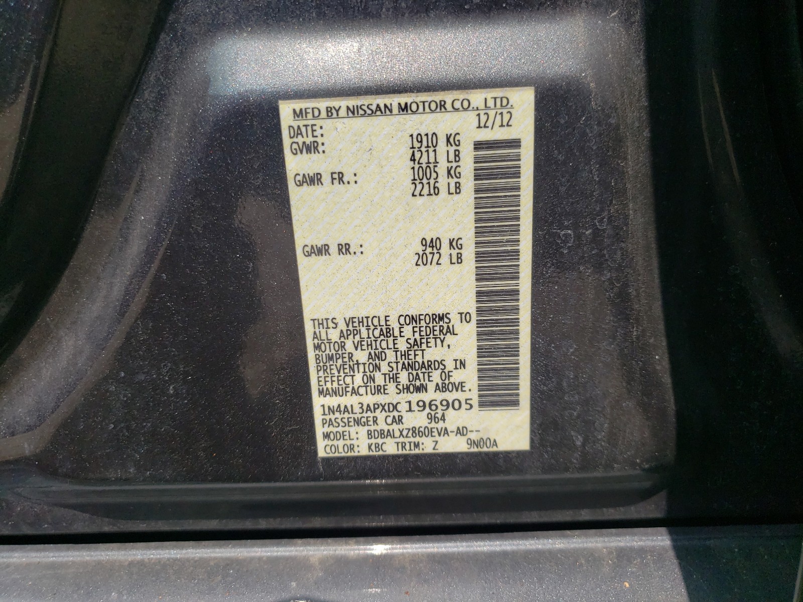 Photo 10 from auction – 2013 NISSAN ALTIMA 2.5 with VIN 1N4AL3APXDC196905