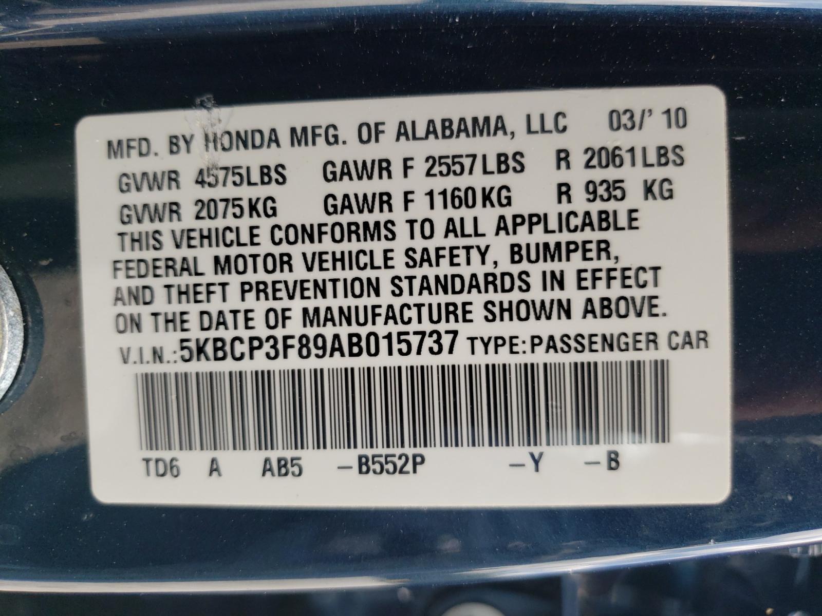 Photo 10 from auction – 2010 HONDA ACCORD EXL with VIN 5KBCP3F89AB015737