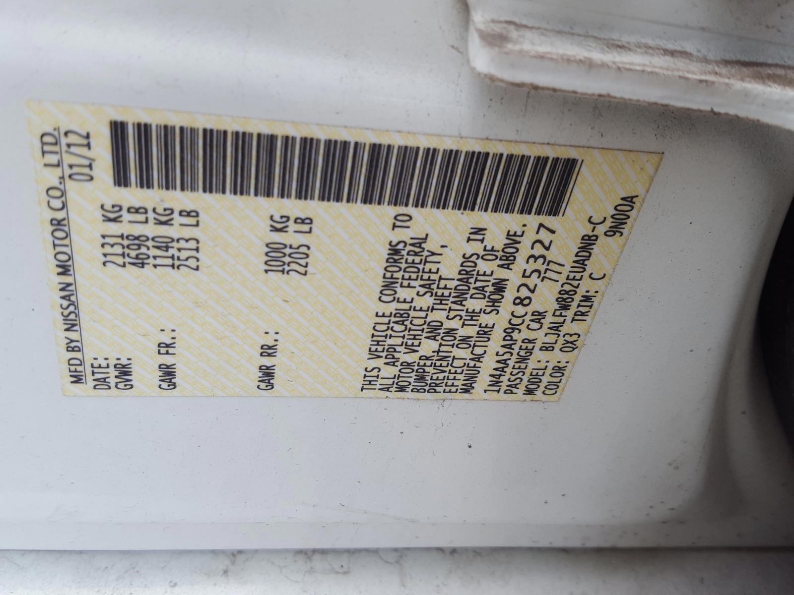 Photo 10 from auction – 2012 NISSAN MAXIMA S with VIN 1N4AA5AP9CC825327