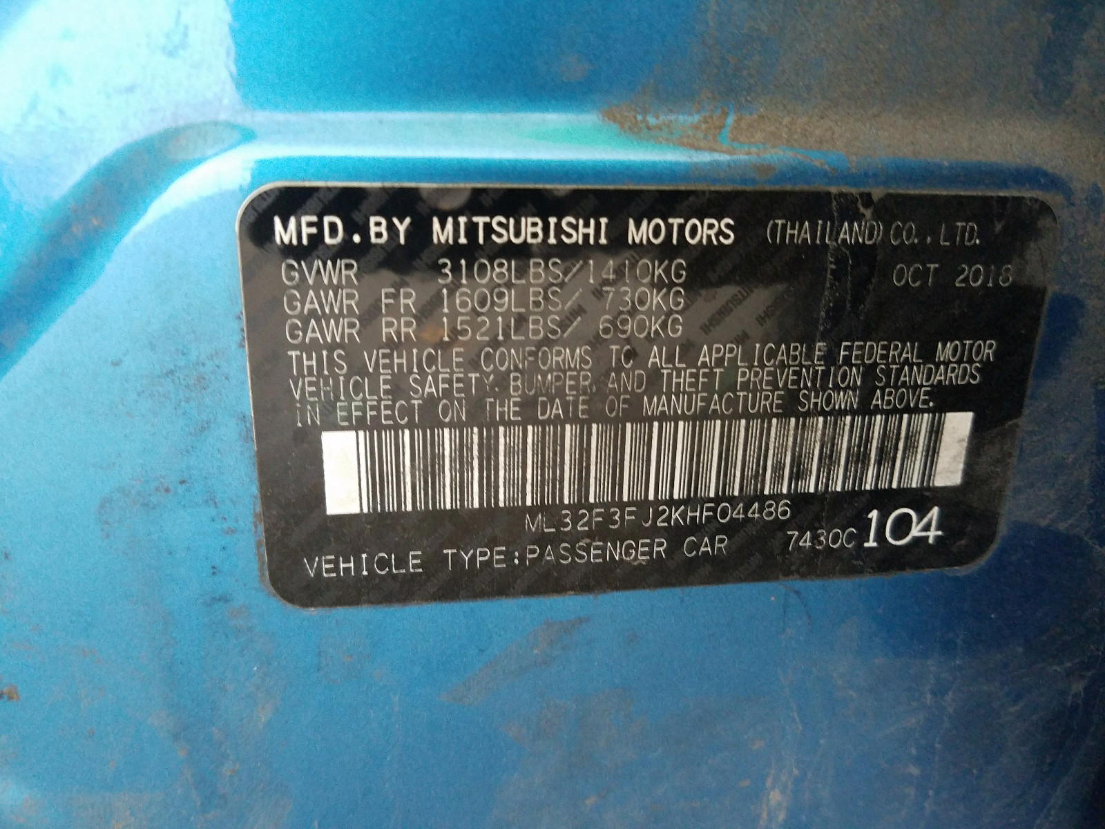 Photo 10 from auction – 2019 MITSUBISHI MIRAGE G4 with VIN ML32F3FJ2KHF04486
