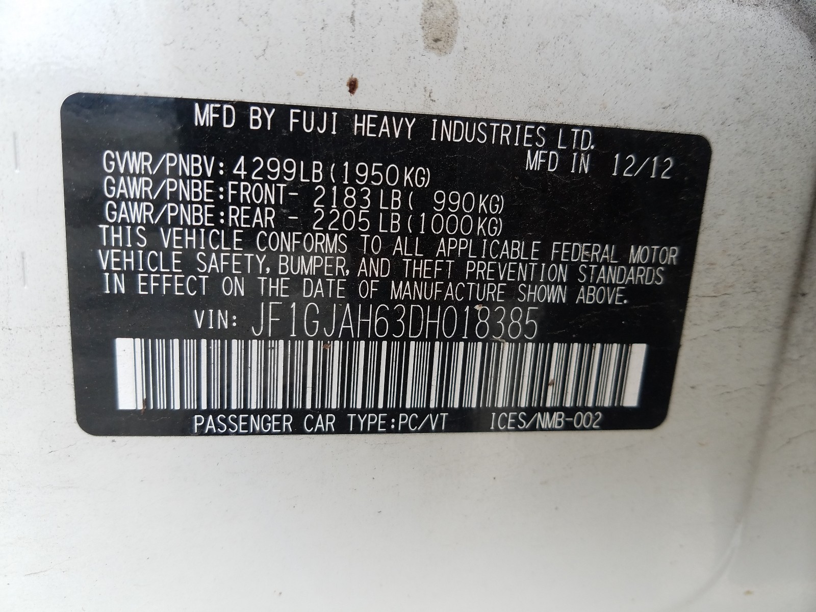 Photo 10 from auction – 2013 SUBARU IMPREZA LI with VIN JF1GJAH63DH018385
