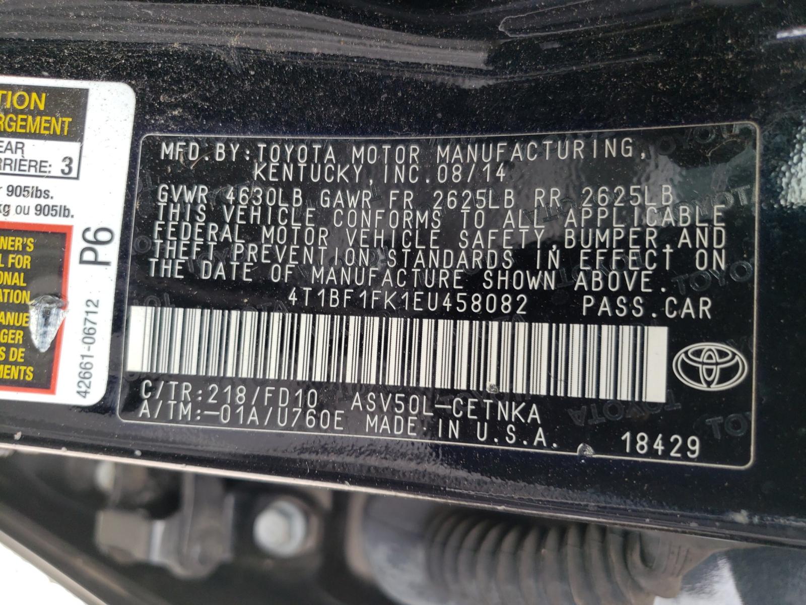 Photo 10 from auction – 2014 TOYOTA CAMRY L with VIN 4T1BF1FK1EU458082