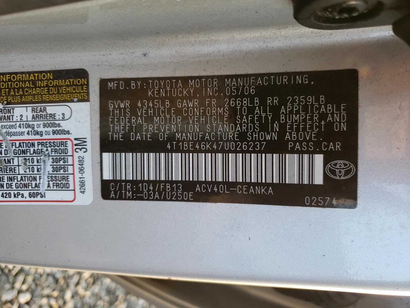 Photo 10 from auction – 2007 TOYOTA CAMRY CE with VIN 4T1BE46K47U026237