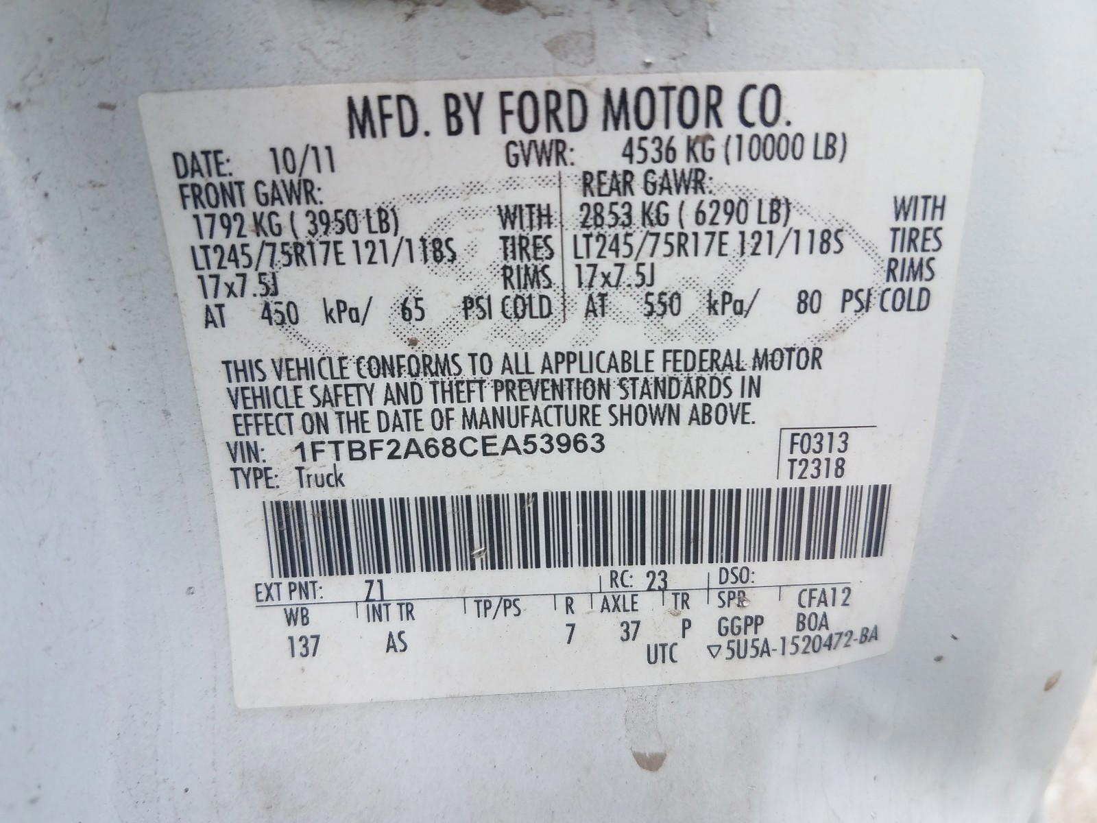 Photo 10 from auction – 2012 FORD F250 SUPER with VIN 1FTBF2A68CEA53963