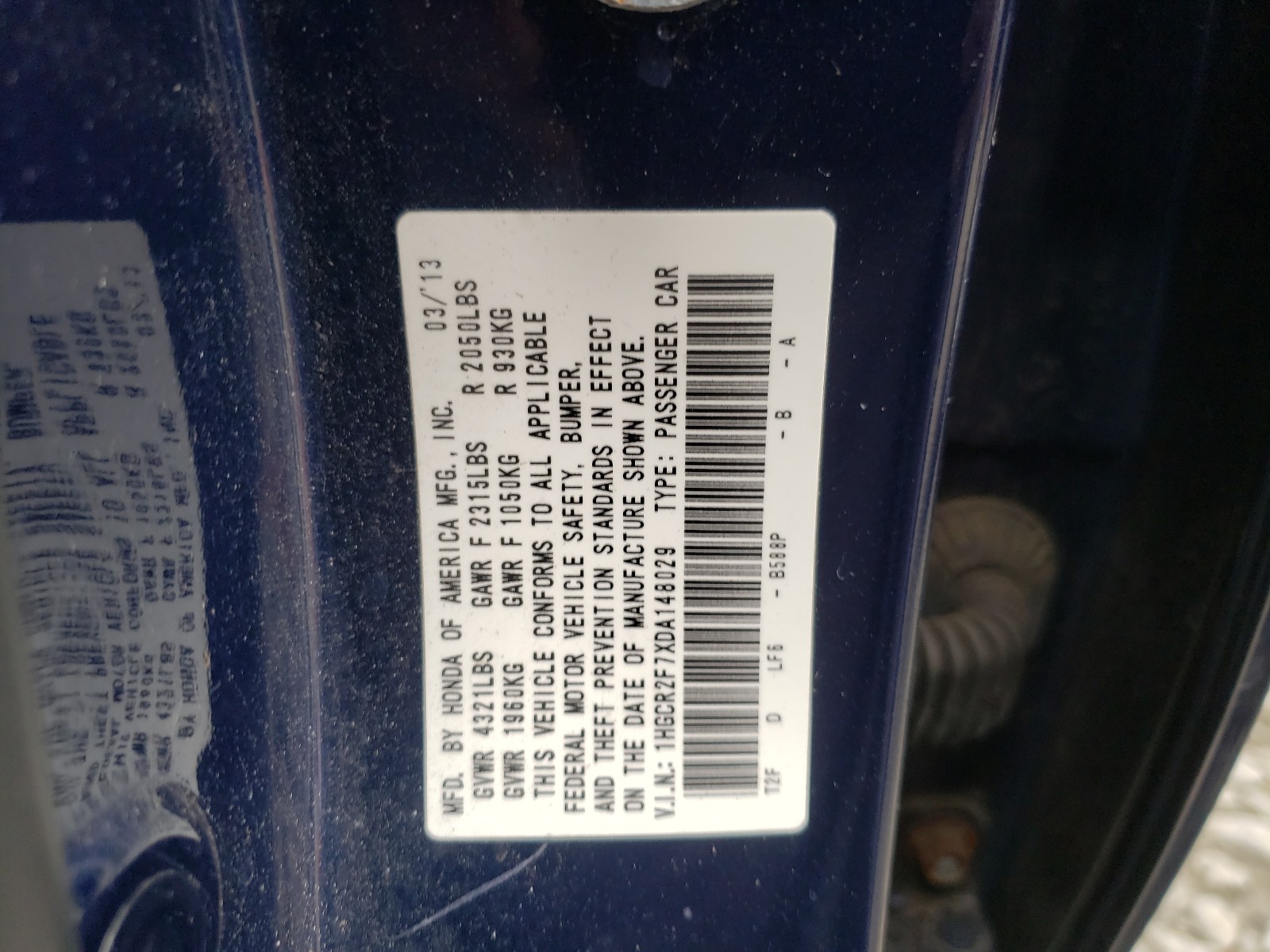 Photo 10 from auction – 2013 HONDA ACCORD EX with VIN 1HGCR2F7XDA148029