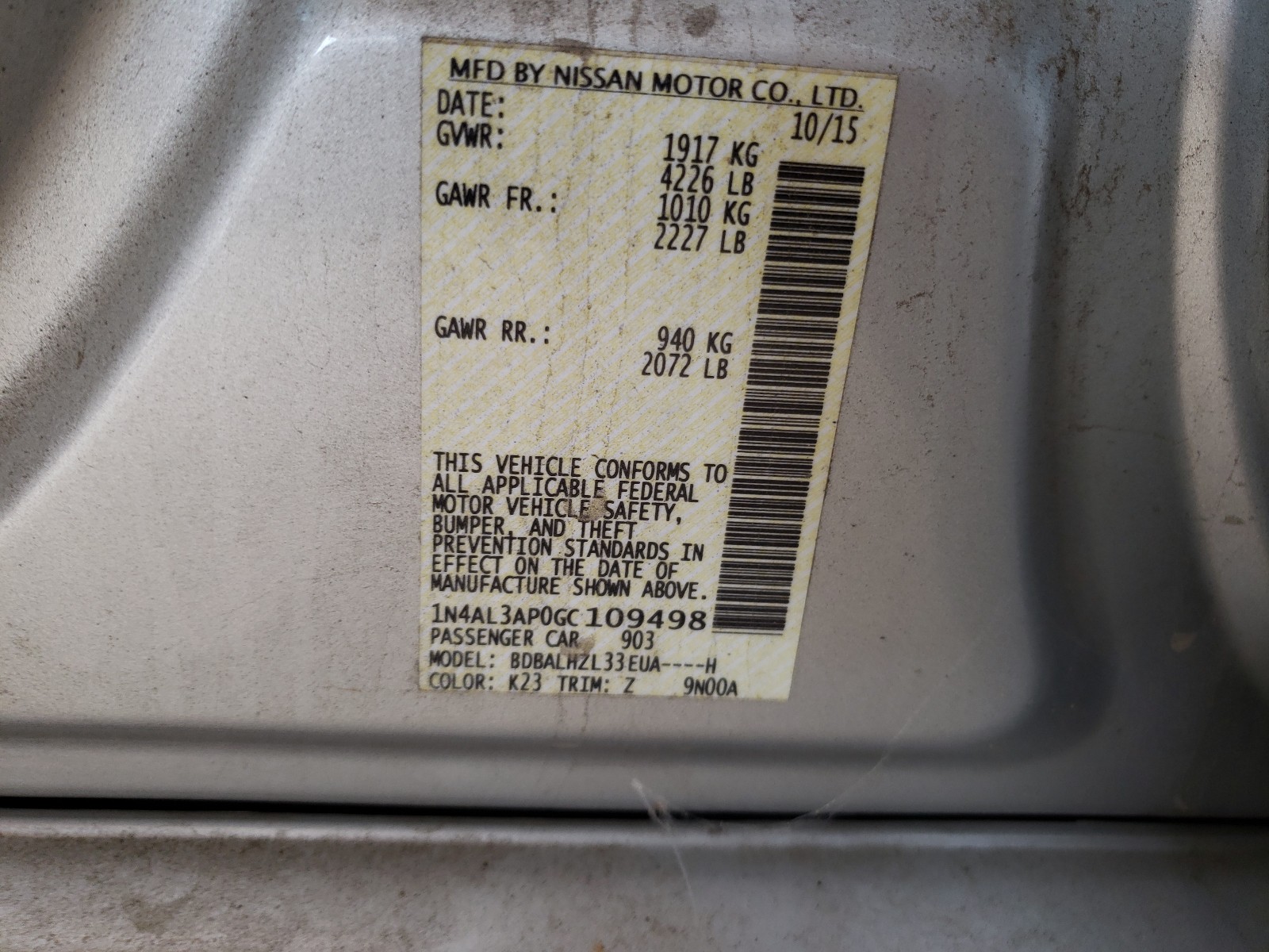 Photo 10 from auction – 2016 NISSAN ALTIMA 2.5 with VIN 1N4AL3AP0GC109498