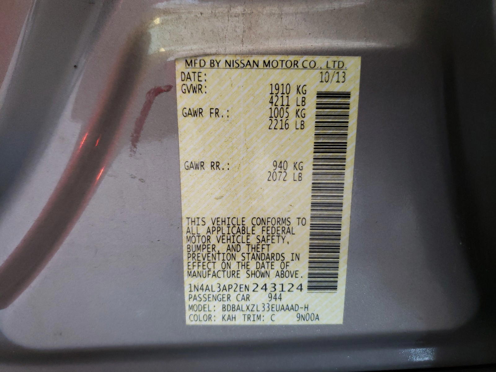 Photo 10 from auction – 2014 NISSAN ALTIMA 2.5 with VIN 1N4AL3AP2EN243124
