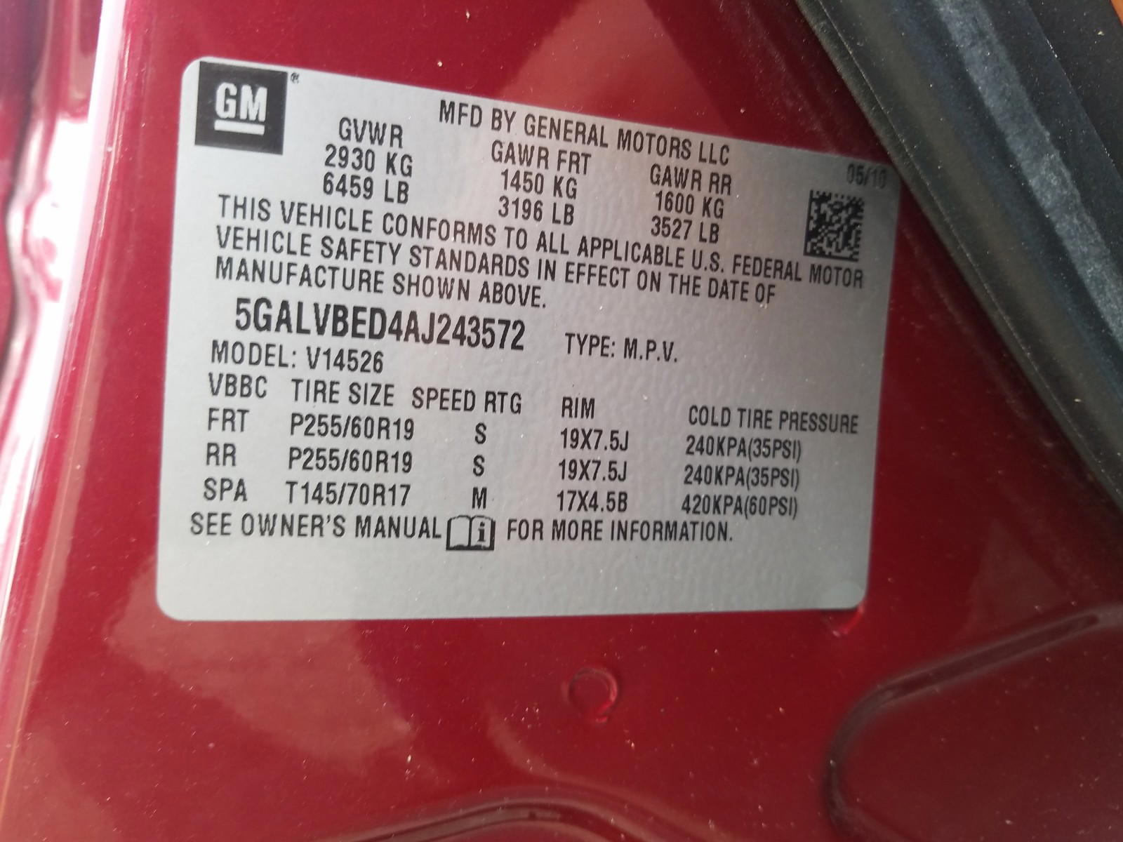 Photo 10 from auction – 2010 BUICK ENCLAVE CX with VIN 5GALVBED4AJ243572
