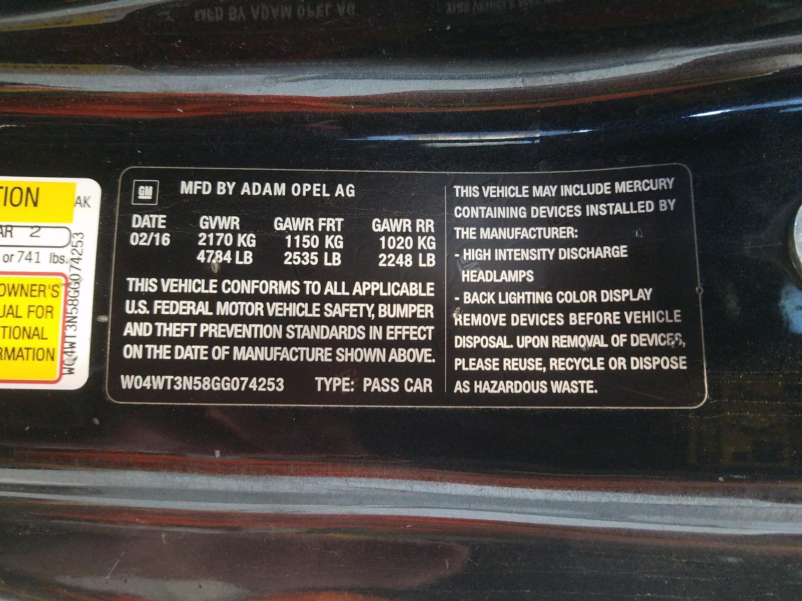 Photo 10 from auction – 2016 BUICK CASCADA PR with VIN W04WT3N58GG074253