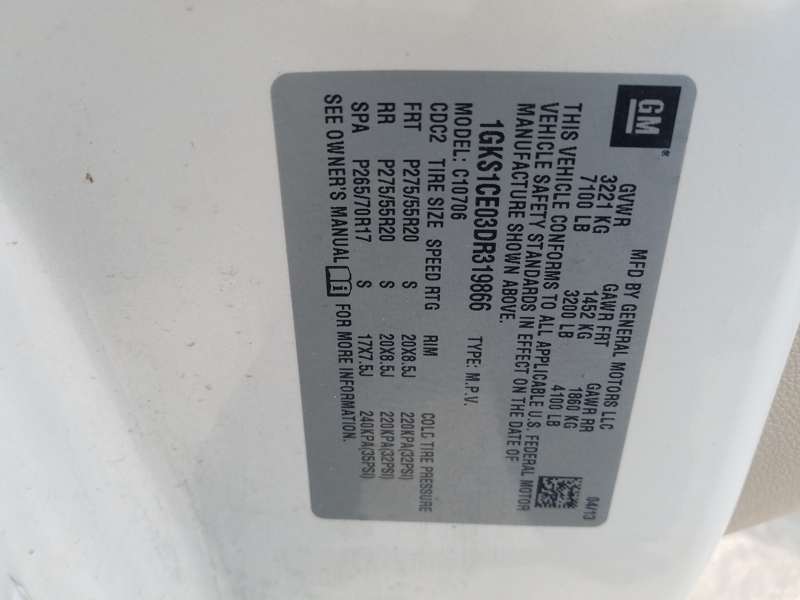 Photo 10 from auction – 2013 GMC YUKON SLT with VIN 1GKS1CE03DR319866