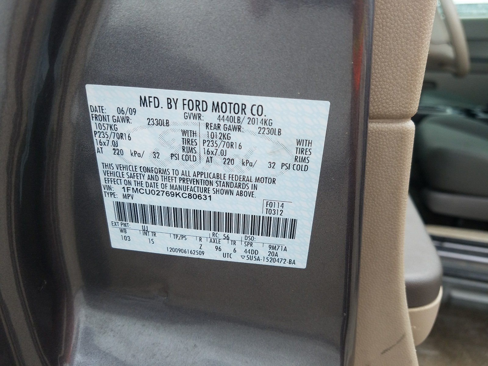 Photo 10 from auction – 2009 FORD ESCAPE XLS with VIN 1FMCU02769KC80631