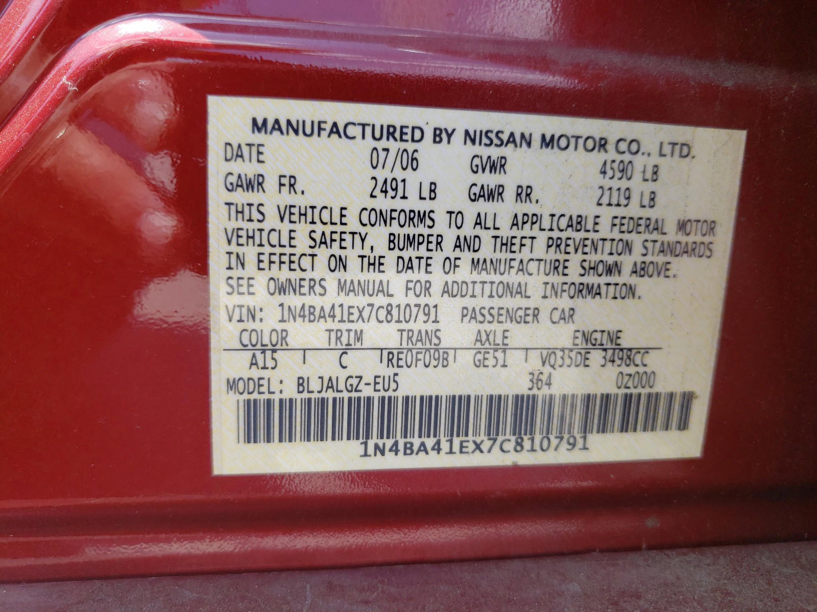 Photo 10 from auction – 2007 NISSAN MAXIMA SE with VIN 1N4BA41EX7C810791