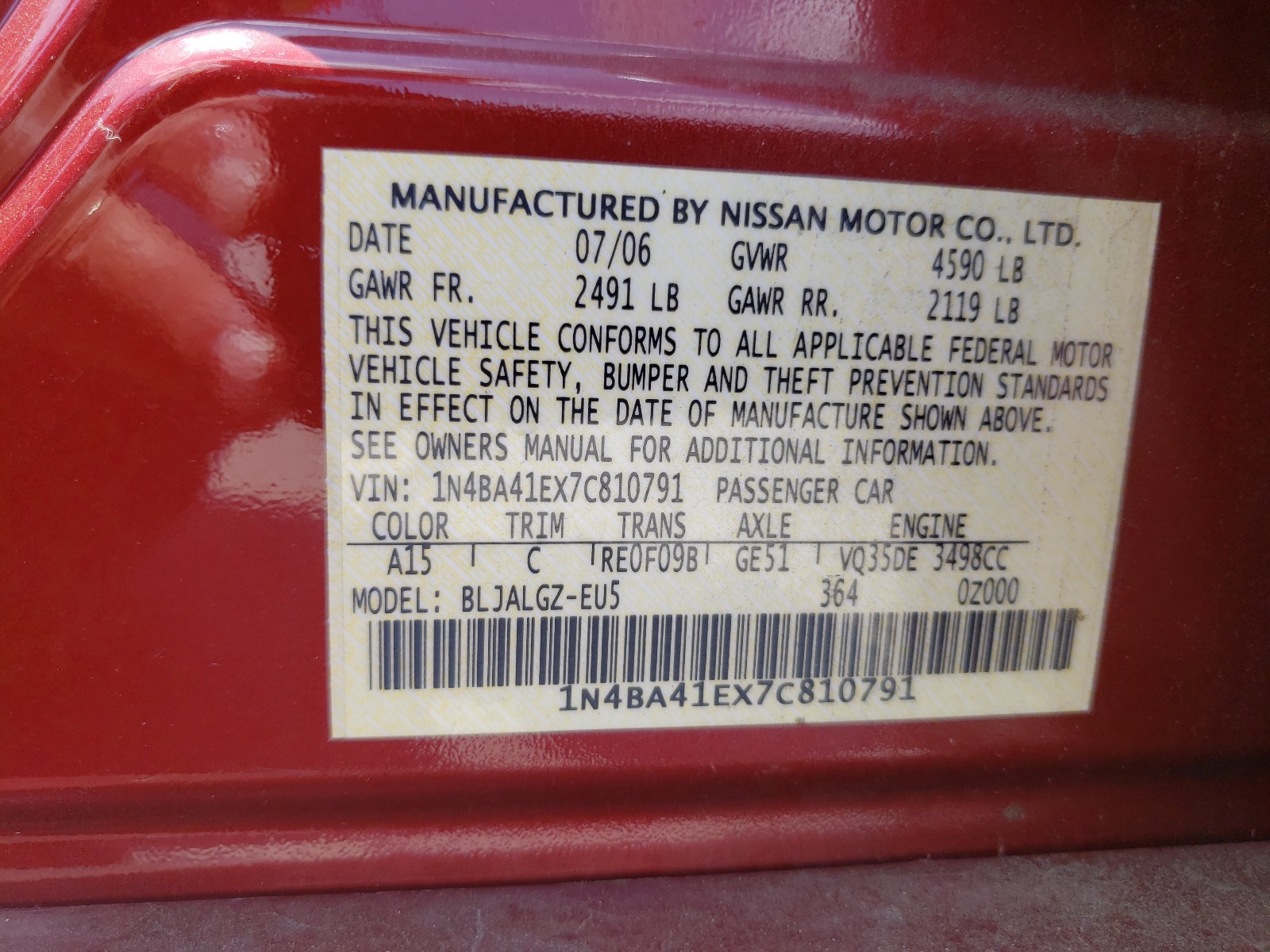 Zdjęcie 10 z aukcji – 2007 NISSAN MAXIMA SE z VIN 1N4BA41EX7C810791