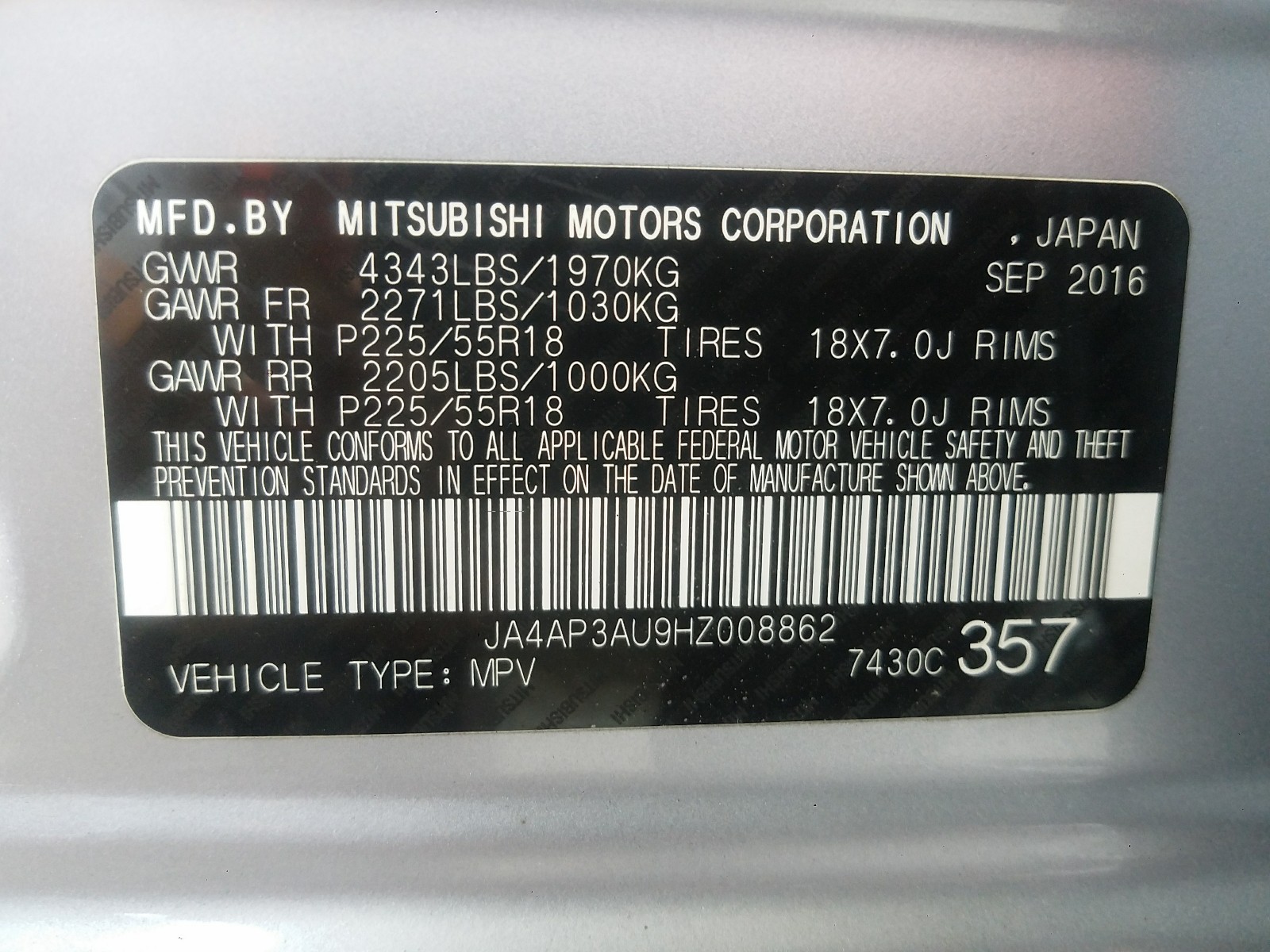 Photo 10 from auction – 2017 MITSUBISHI OUTLANDER with VIN JA4AP3AU9HZ008862