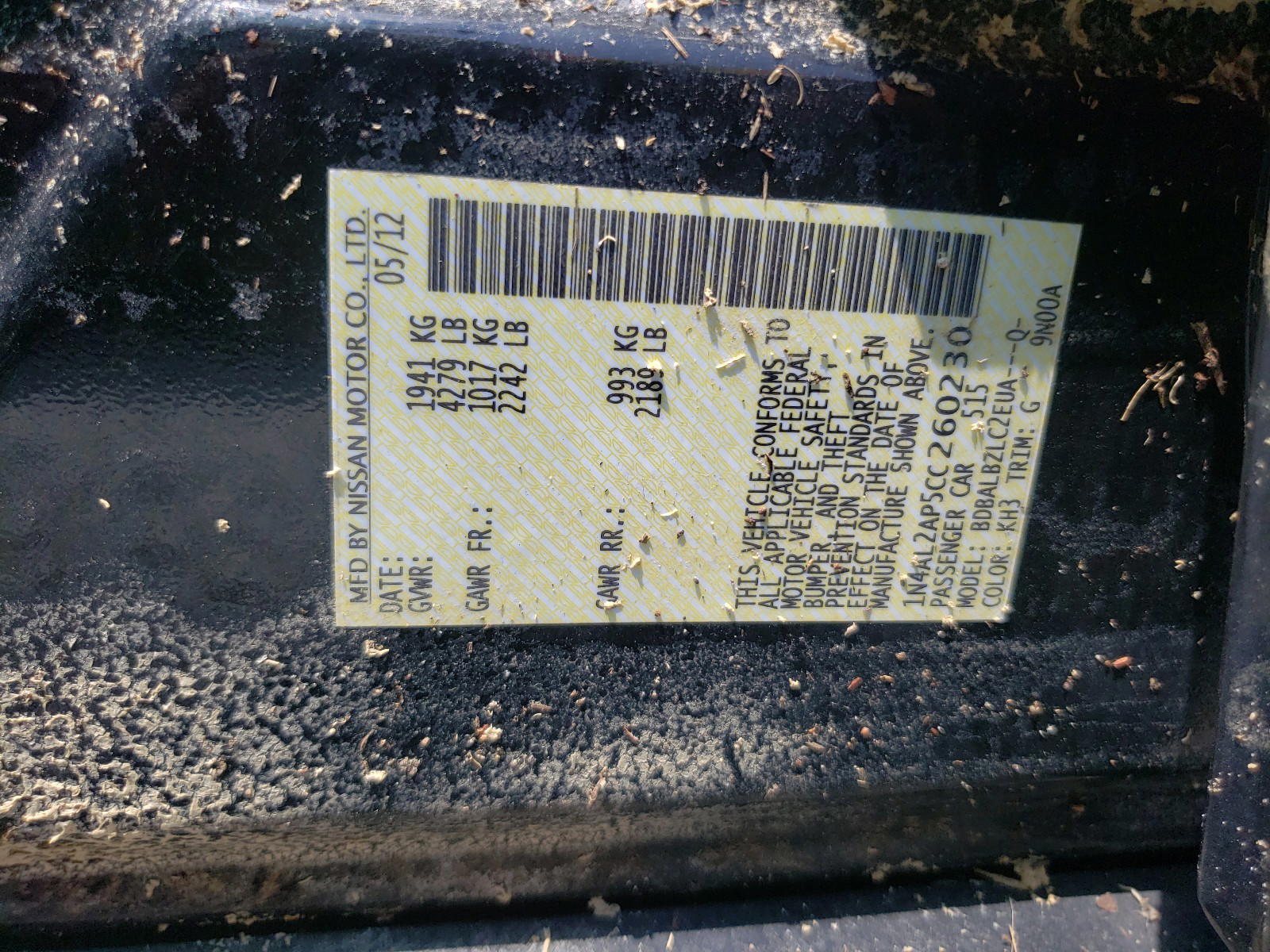 Photo 10 from auction – 2012 NISSAN ALTIMA BAS with VIN 1N4AL2AP5CC260230