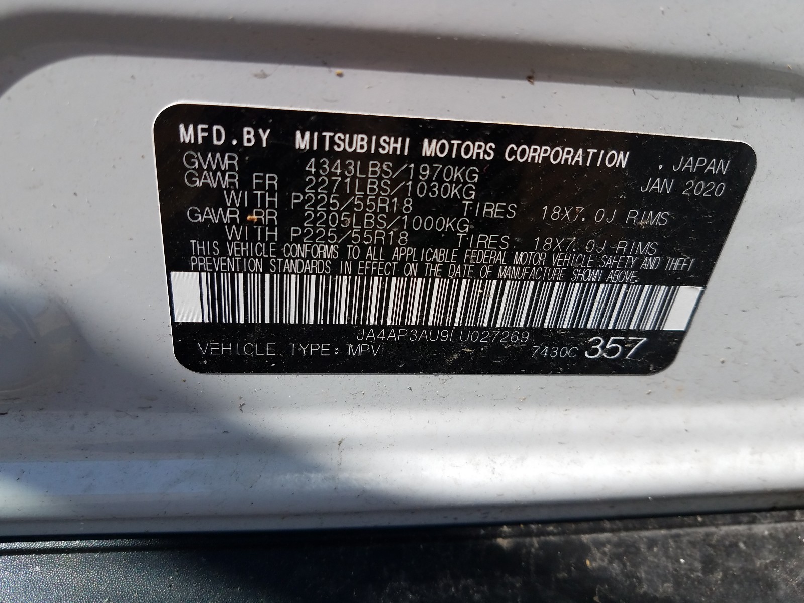 Photo 10 from auction – 2020 MITSUBISHI OUTLANDER with VIN JA4AP3AU9LU027269