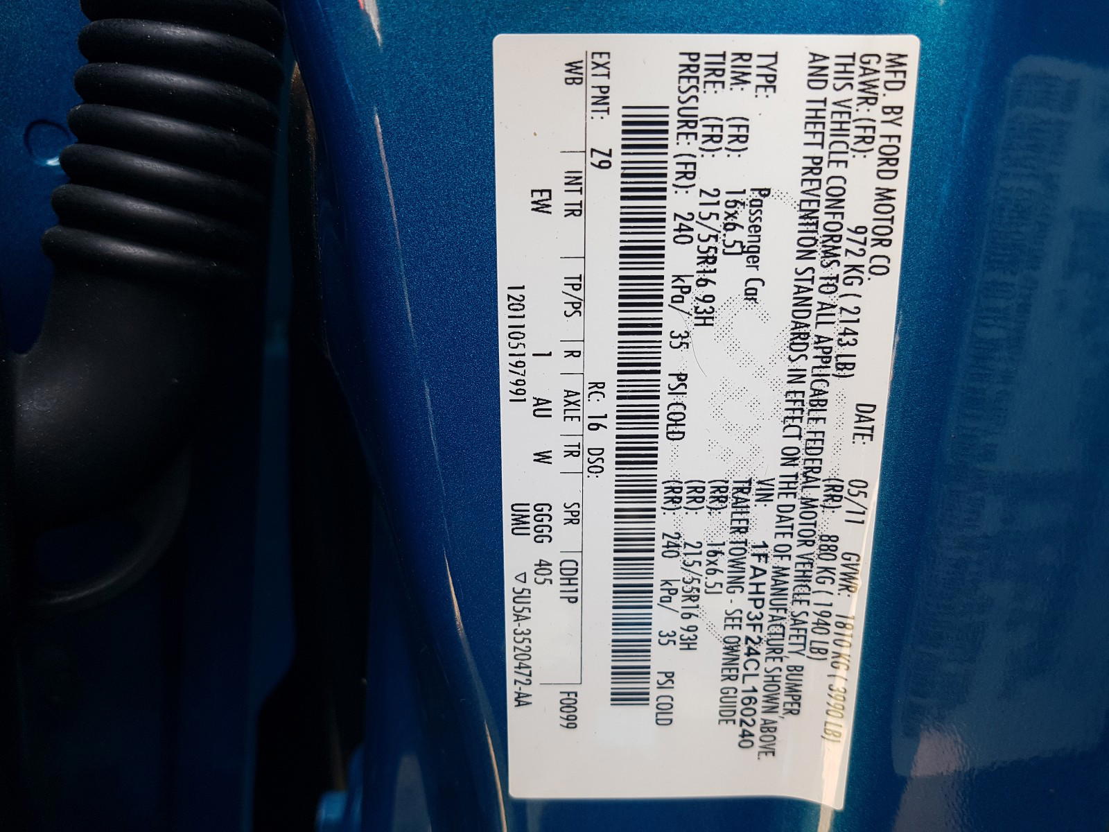 Photo 10 from auction – 2012 FORD FOCUS SE with VIN 1FAHP3F24CL160240