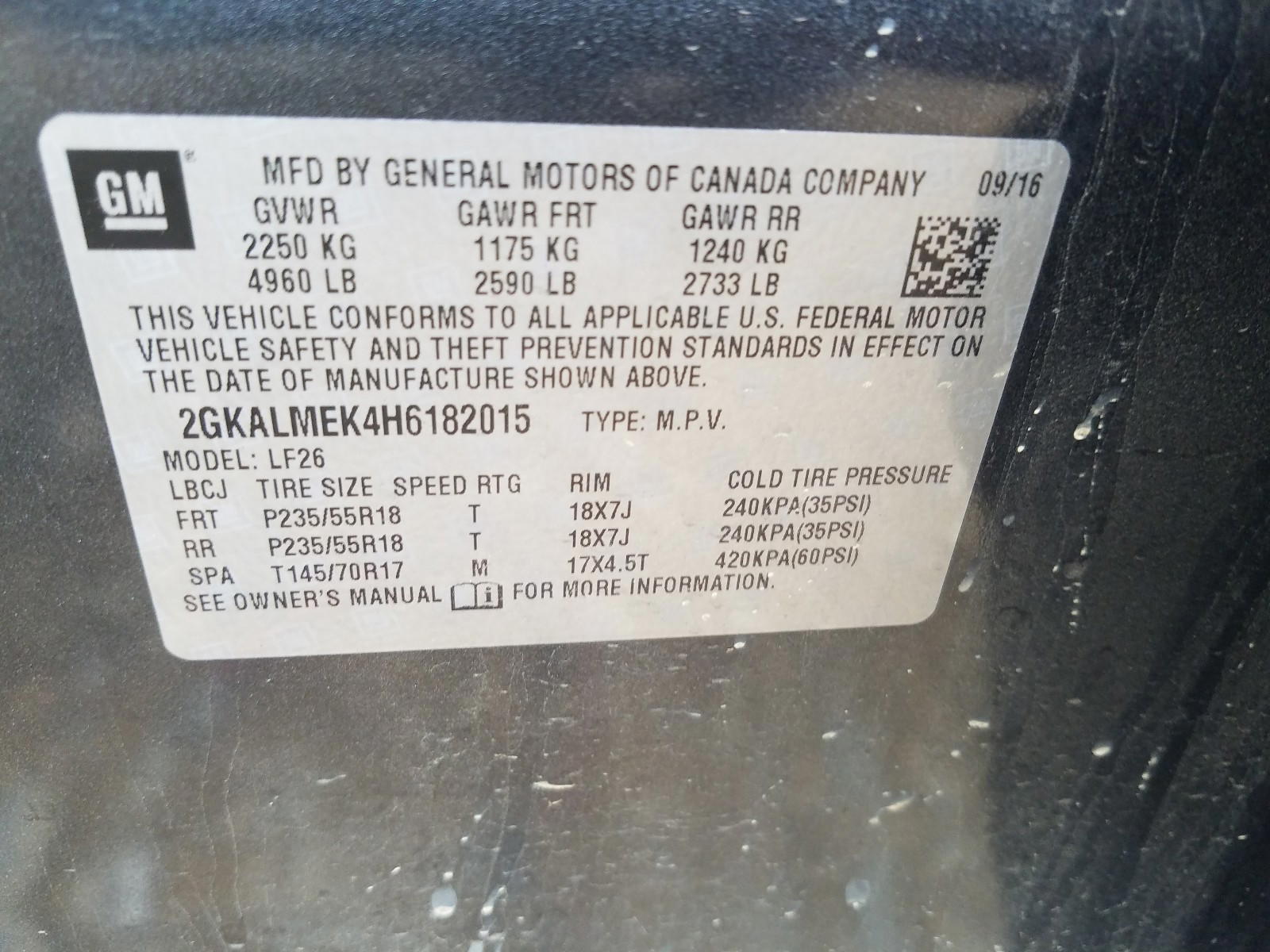 Photo 10 from auction – 2017 GMC TERRAIN SL with VIN 2GKALMEK4H6182015