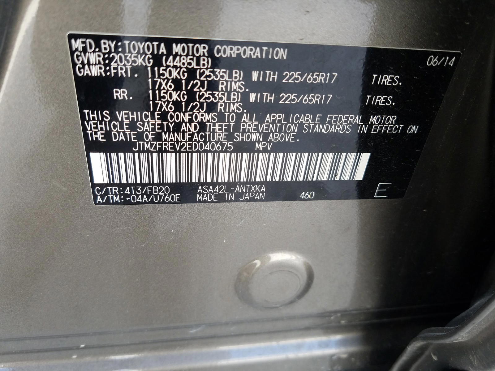 Photo 10 from auction – 2014 TOYOTA RAV4 LE with VIN JTMZFREV2ED040675