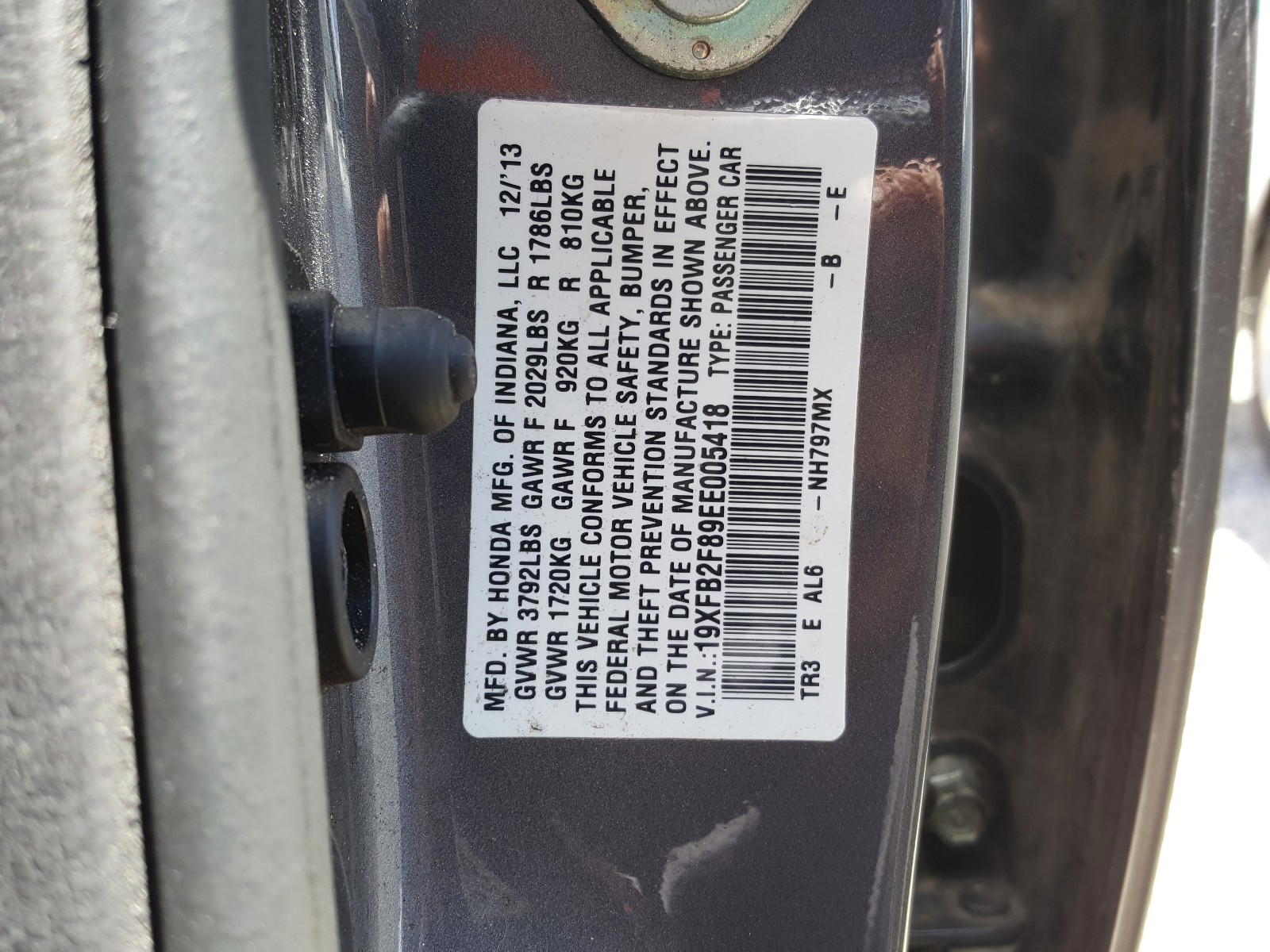 Photo 10 from auction – 2014 HONDA CIVIC EX with VIN 19XFB2F89EE005418