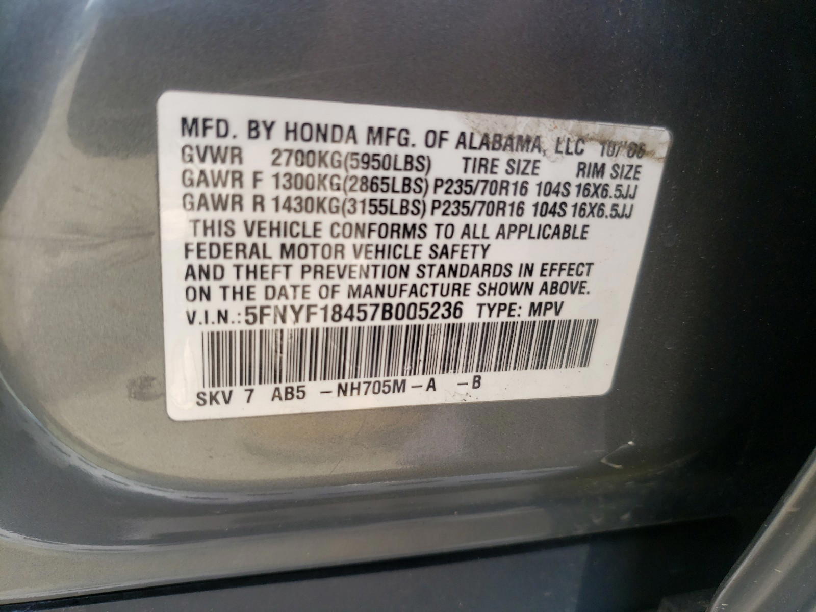 Photo 10 from auction – 2007 HONDA PILOT EX with VIN 5FNYF18457B005236
