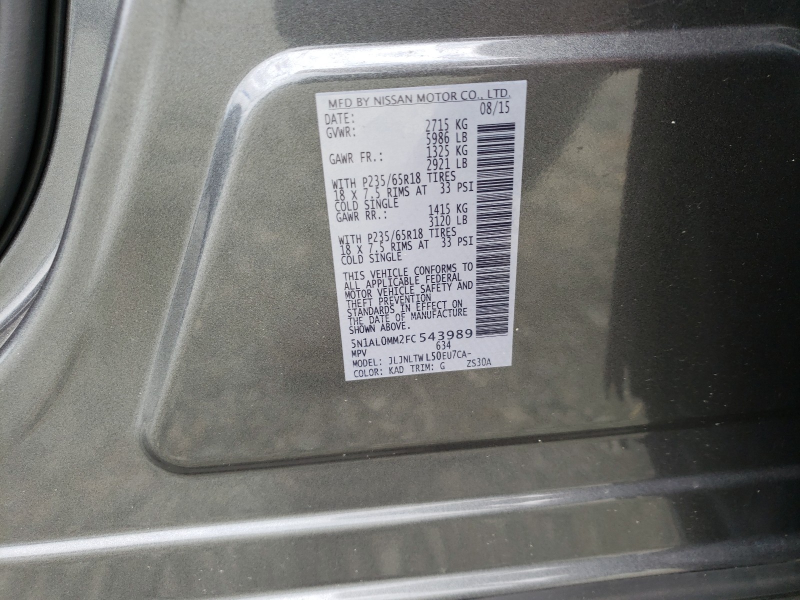 Photo 10 from auction – 2015 INFINITI QX60 with VIN 5N1AL0MM2FC543989