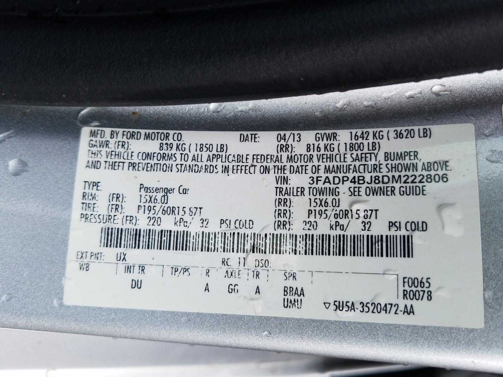 Photo 10 from auction – 2013 FORD FIESTA SE with VIN 3FADP4BJ8DM222806