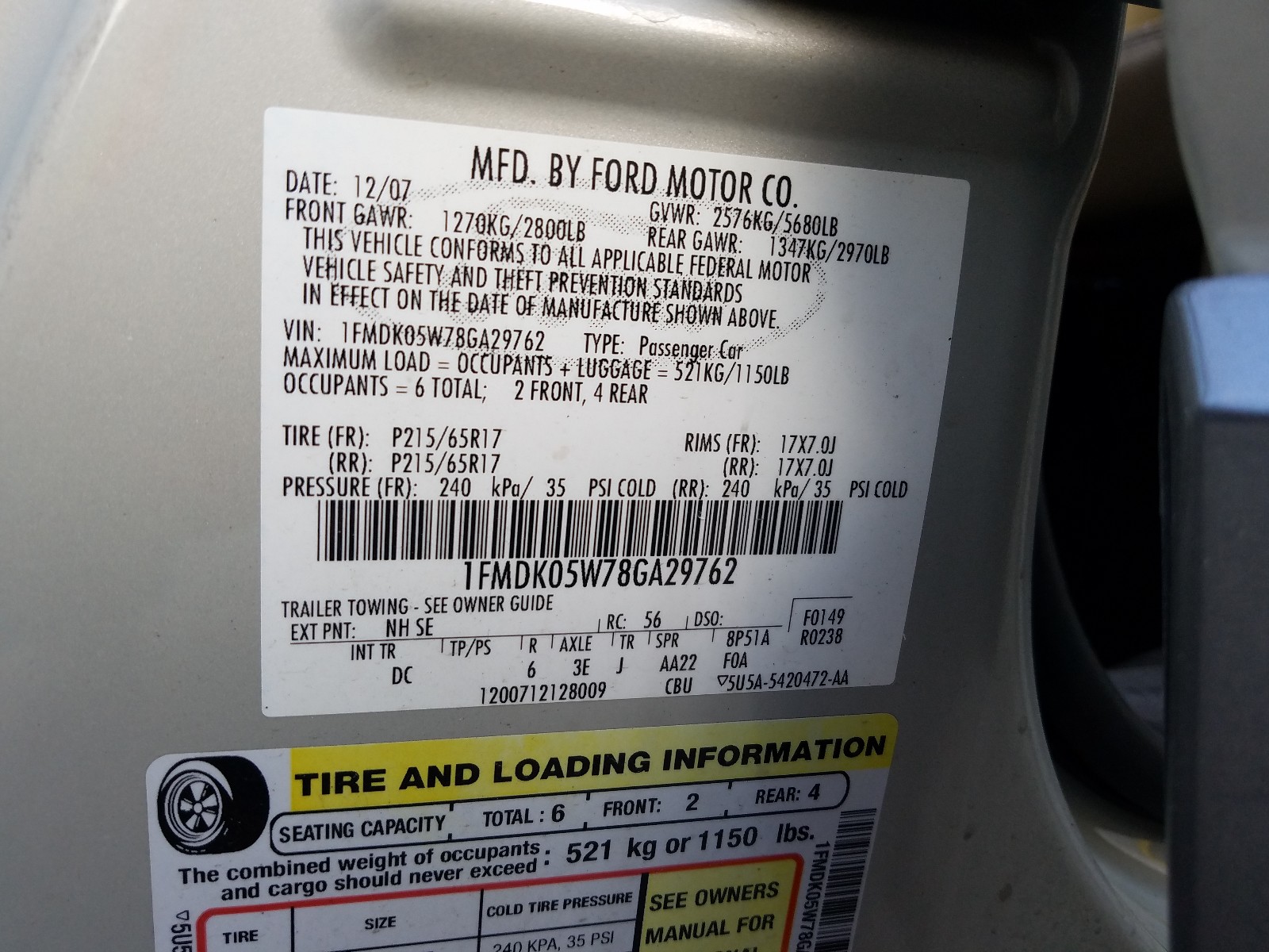 Photo 10 from auction – 2008 FORD TAURUS X S with VIN 1FMDK05W78GA29762