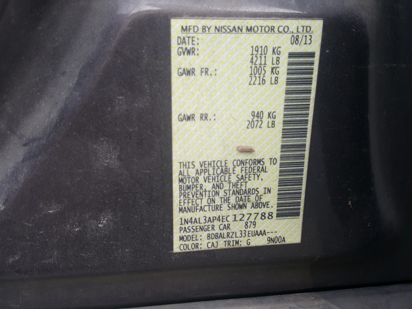 Photo 10 from auction – 2014 NISSAN ALTIMA 2.5 with VIN 1N4AL3AP4EC127788