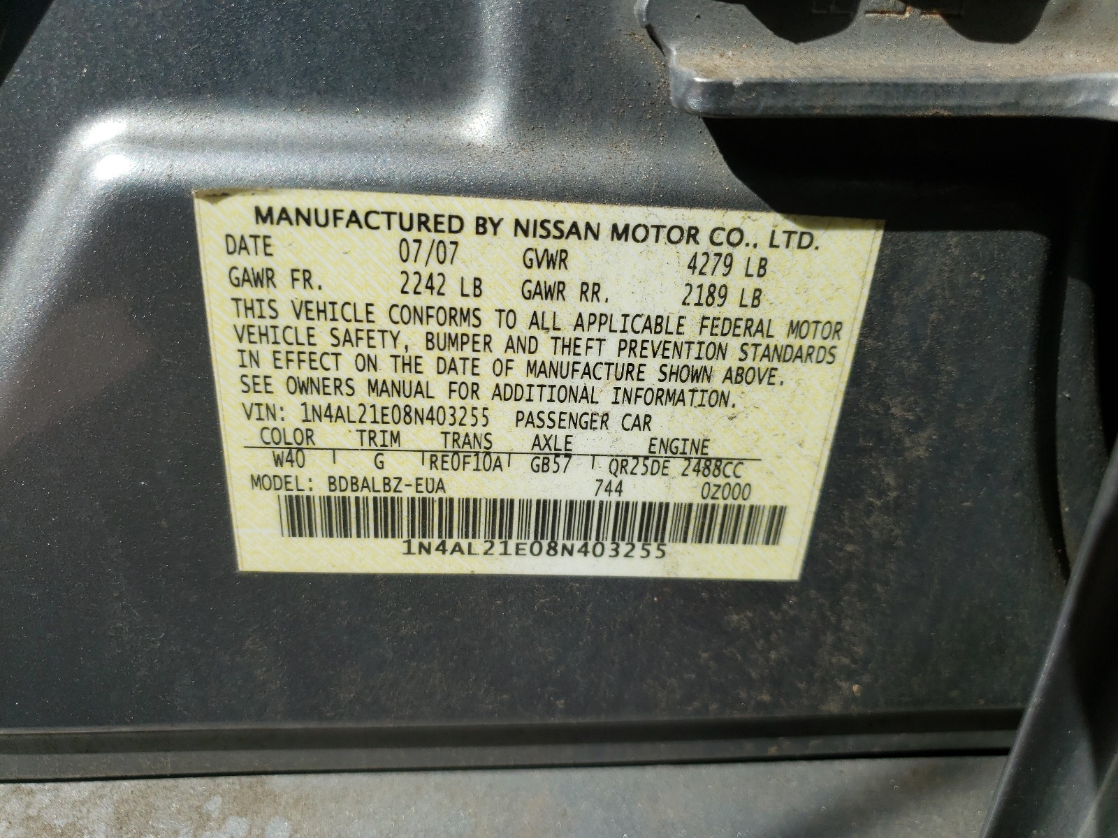 Photo 10 from auction – 2008 NISSAN ALTIMA 2.5 with VIN 1N4AL21E08N403255