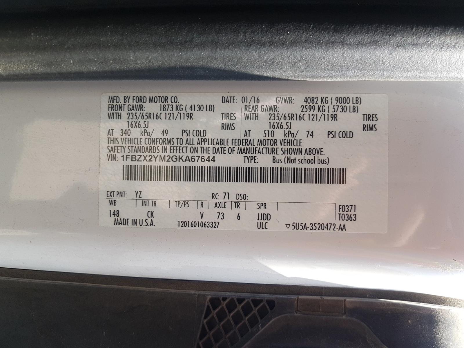 Photo 10 from auction – 2016 FORD TRANSIT T- with VIN 1FBZX2YM2GKA67644