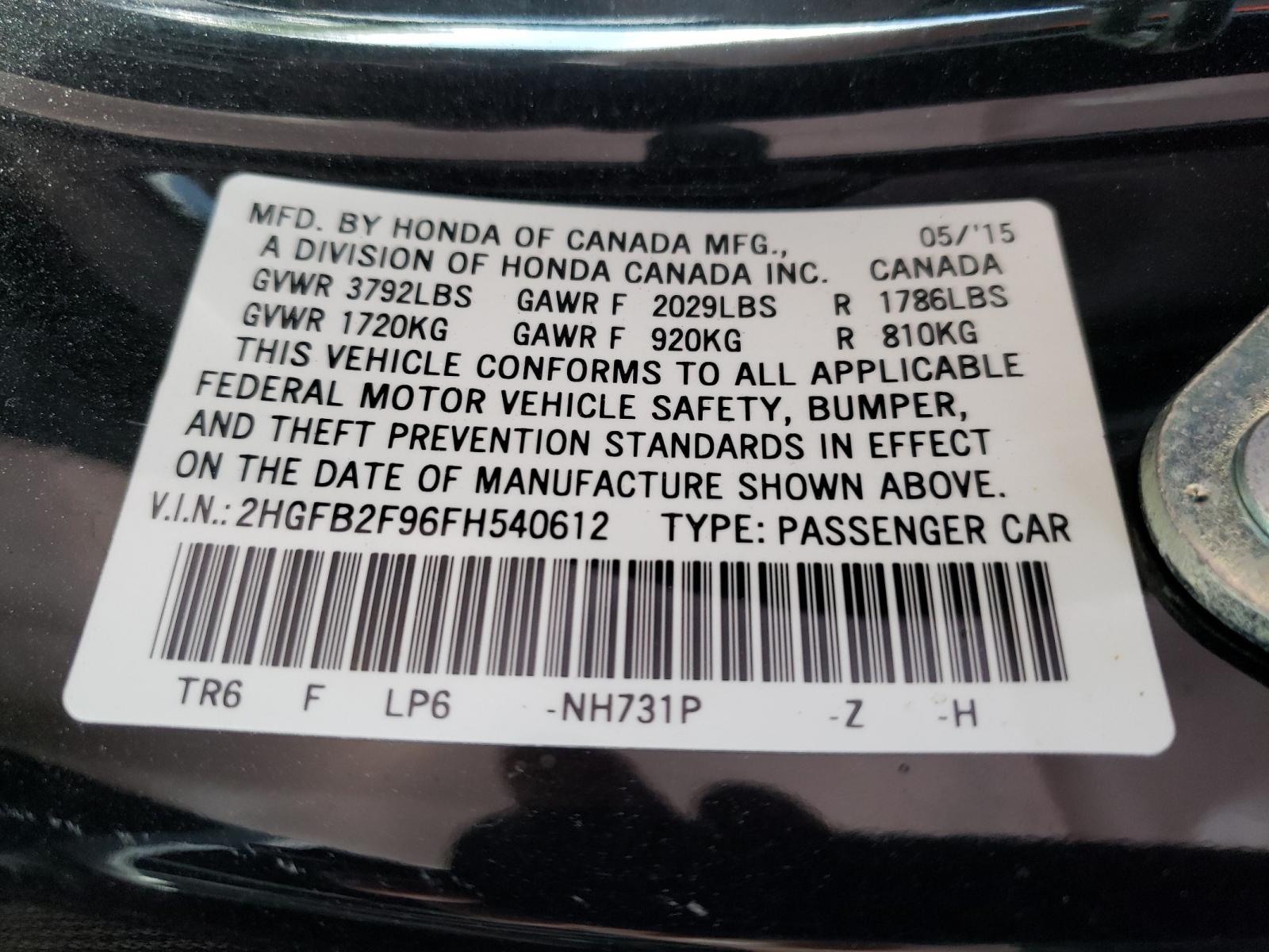 Photo 10 from auction – 2015 HONDA CIVIC EXL with VIN 2HGFB2F96FH540612