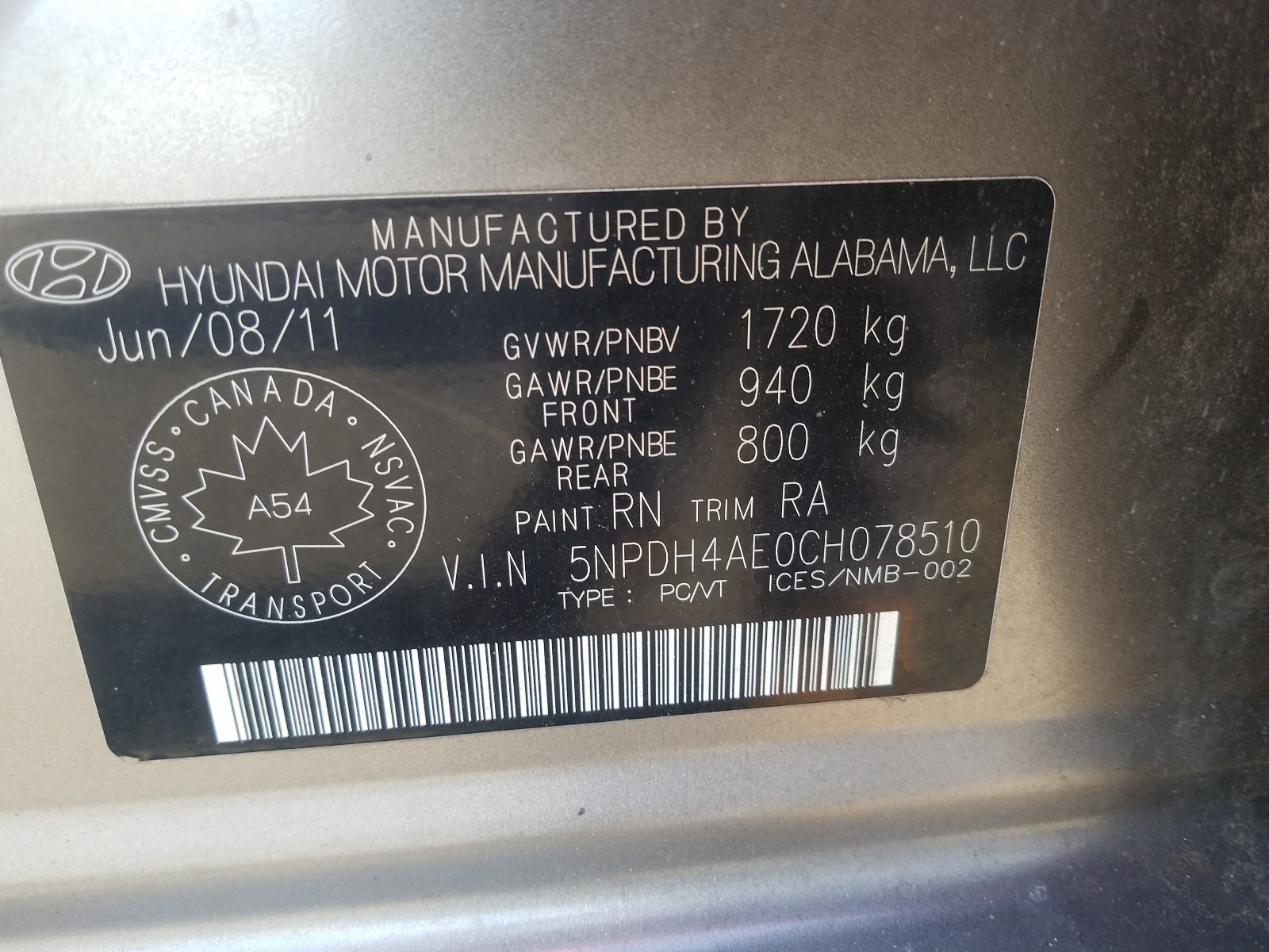 Photo 10 from auction – 2012 HYUNDAI ELANTRA GL with VIN 5NPDH4AE0CH078510