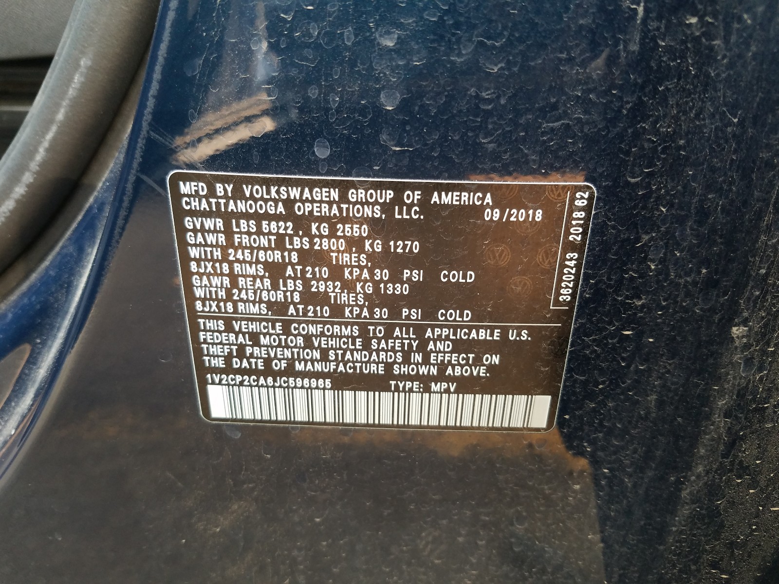 Photo 10 from auction – 2018 VOLKSWAGEN ATLAS SE with VIN 1V2CP2CA6JC596965