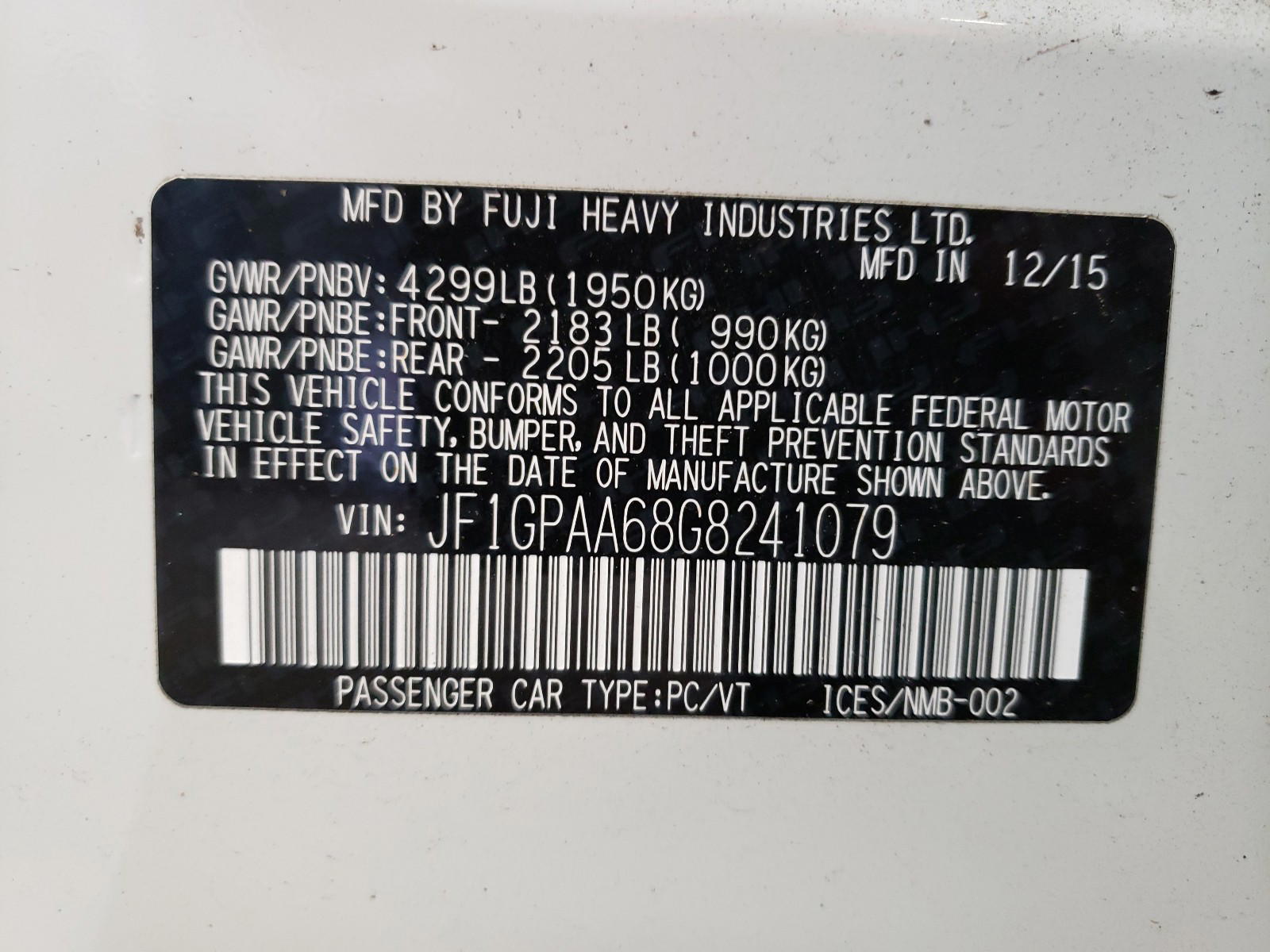 Photo 10 from auction – 2016 SUBARU IMPREZA with VIN JF1GPAA68G8241079