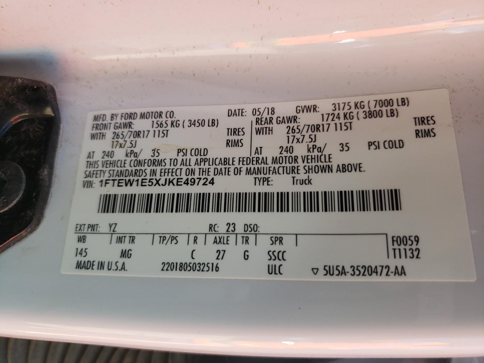 Photo 10 from auction – 2018 FORD F150 SUPER with VIN 1FTEW1E5XJKE49724
