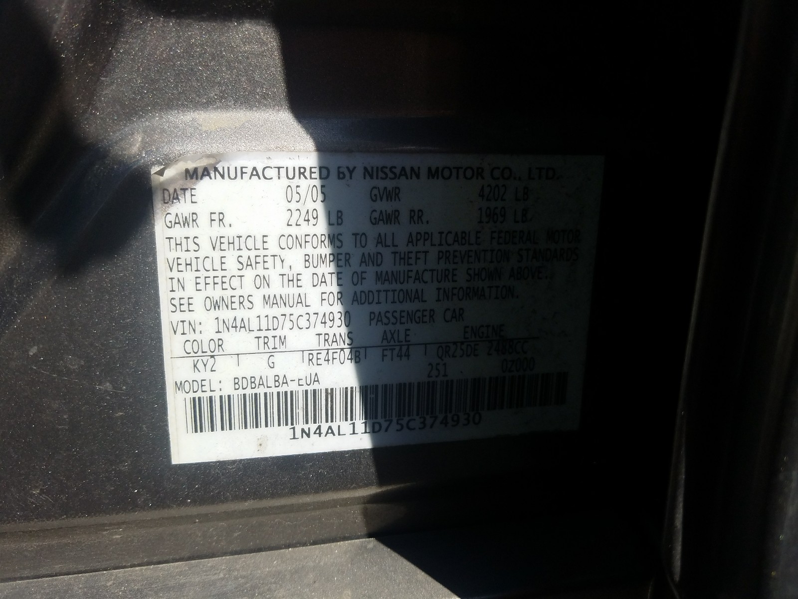 Photo 10 from auction – 2005 NISSAN ALTIMA S with VIN 1N4AL11D75C374930