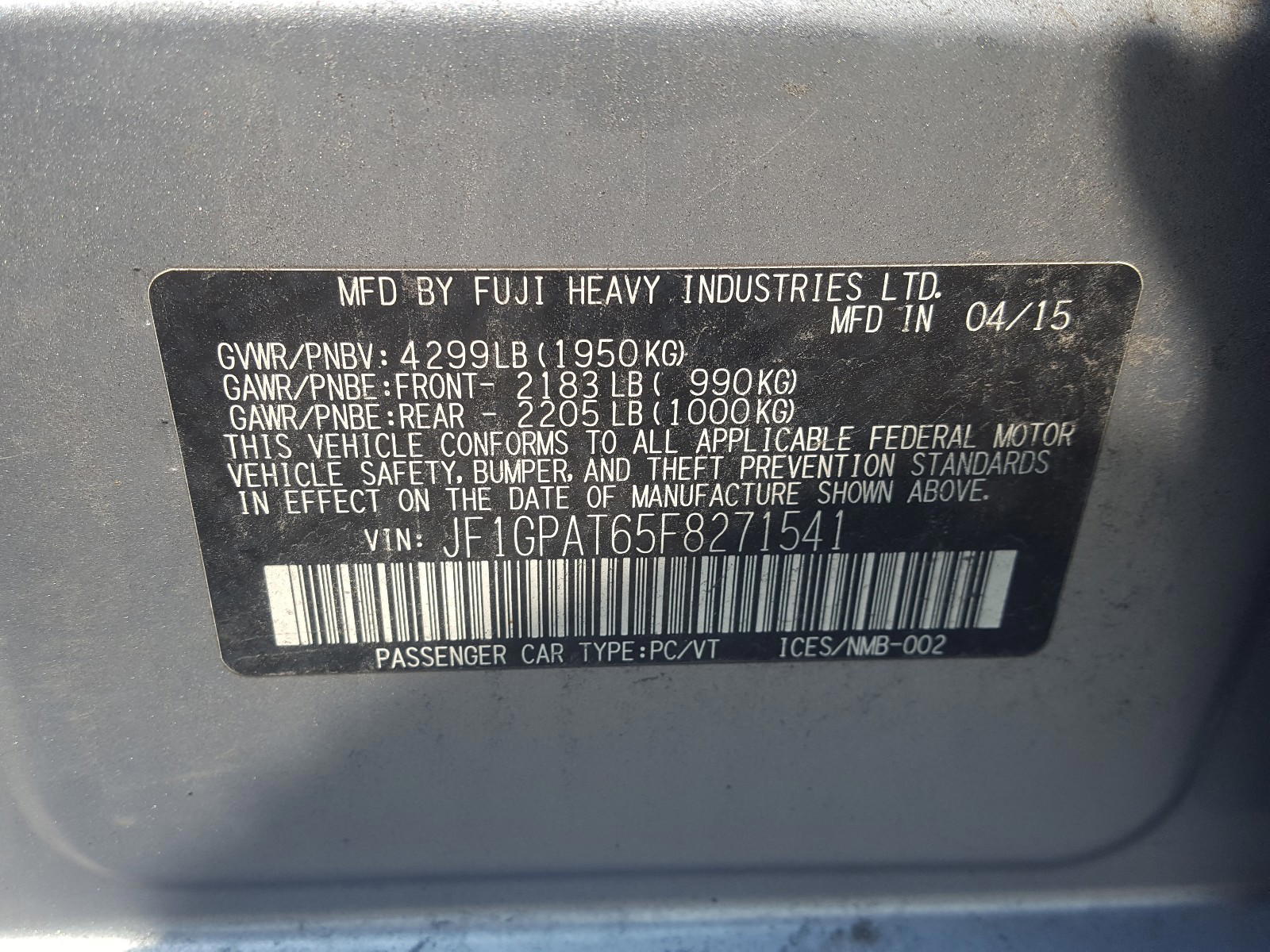 Photo 10 from auction – 2015 SUBARU IMPREZA SP with VIN JF1GPAT65F8271541