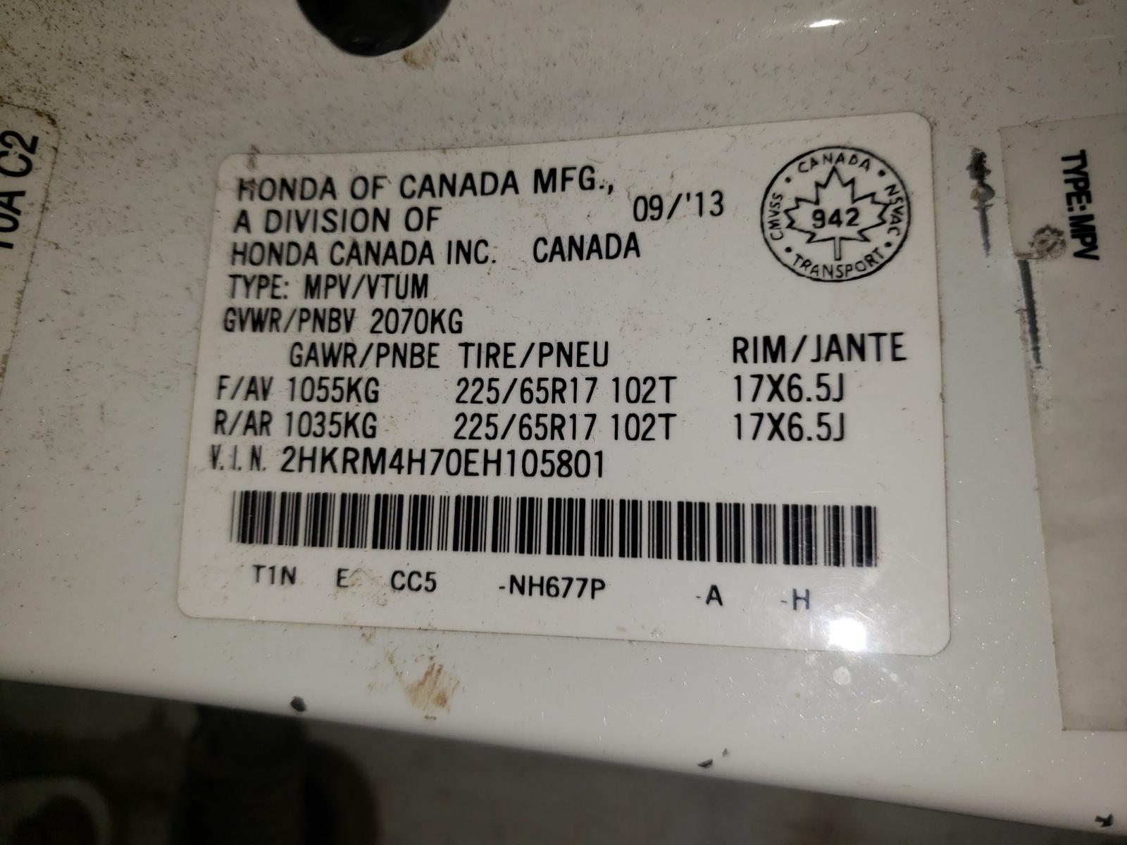 Photo 10 from auction – 2014 HONDA CR-V EXL with VIN 2HKRM4H70EH105801