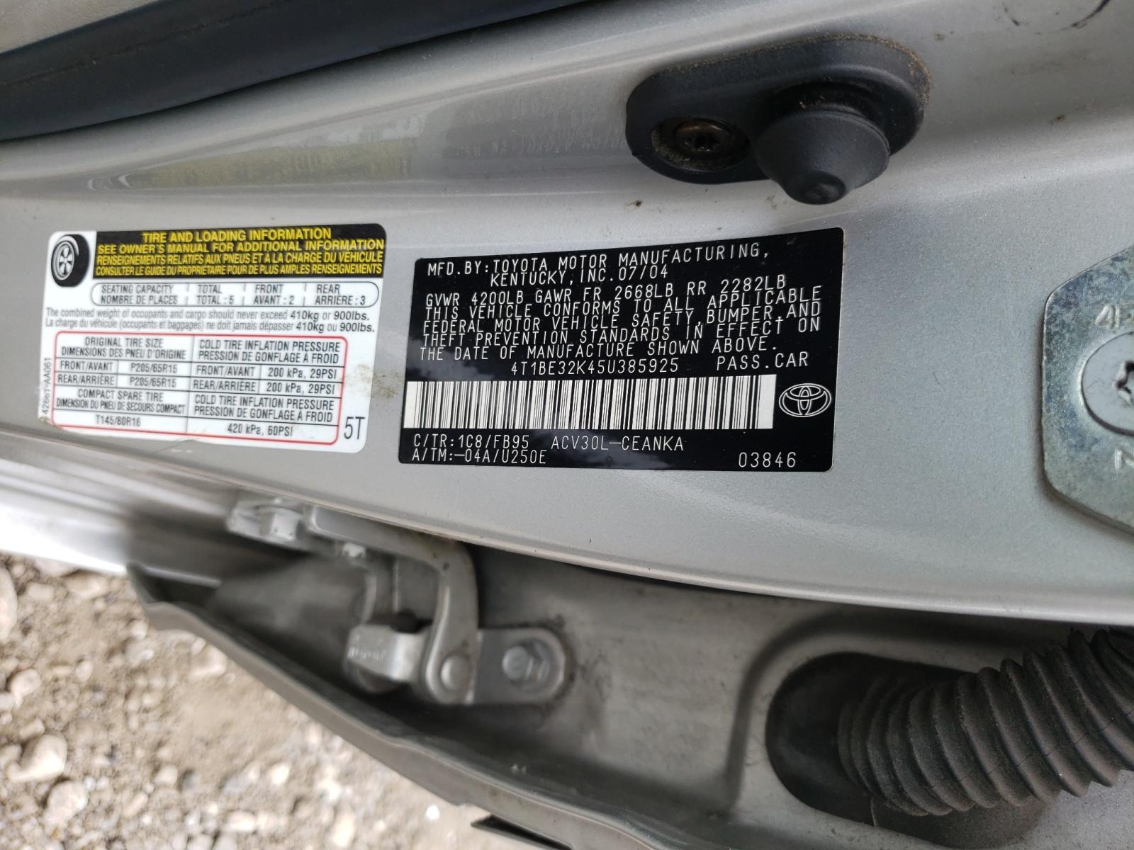 Photo 10 from auction – 2005 TOYOTA CAMRY LE with VIN 4T1BE32K45U385925