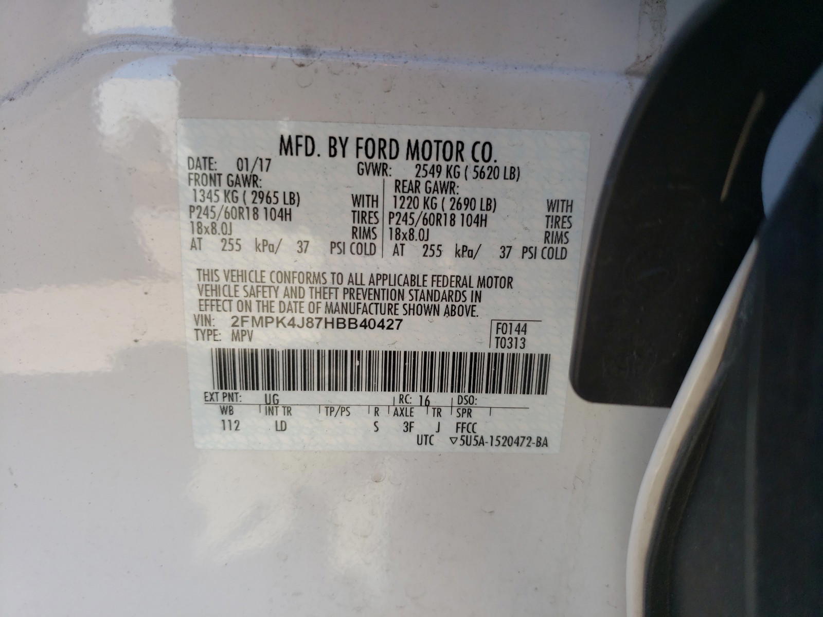 Photo 10 from auction – 2017 FORD EDGE SEL with VIN 2FMPK4J87HBB40427