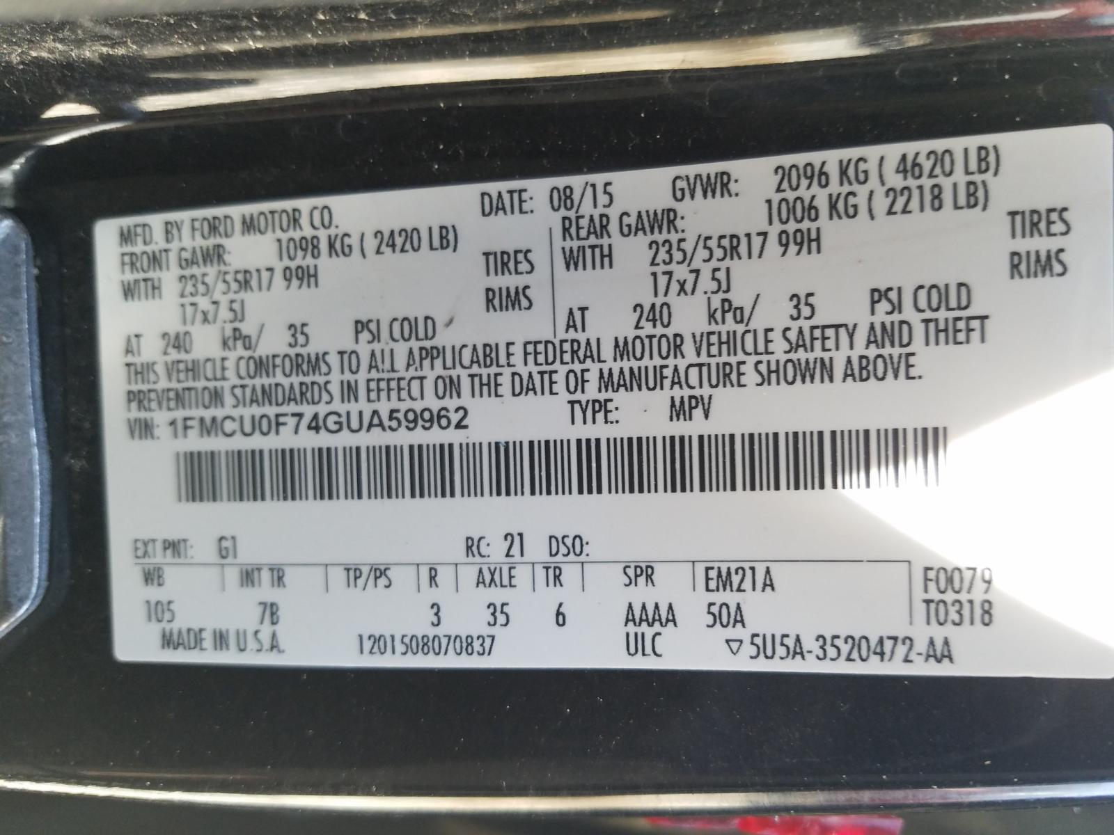 Photo 10 from auction – 2016 FORD ESCAPE S with VIN 1FMCU0F74GUA59962