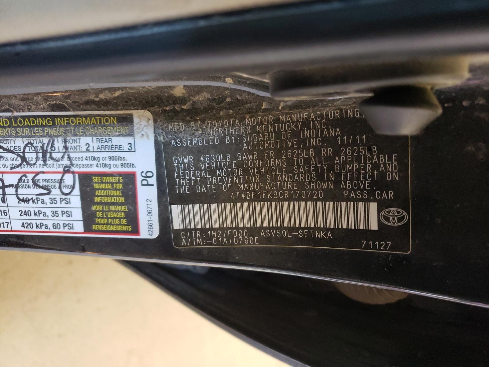 Photo 10 from auction – 2012 TOYOTA CAMRY BASE with VIN 4T4BF1FK9CR170720