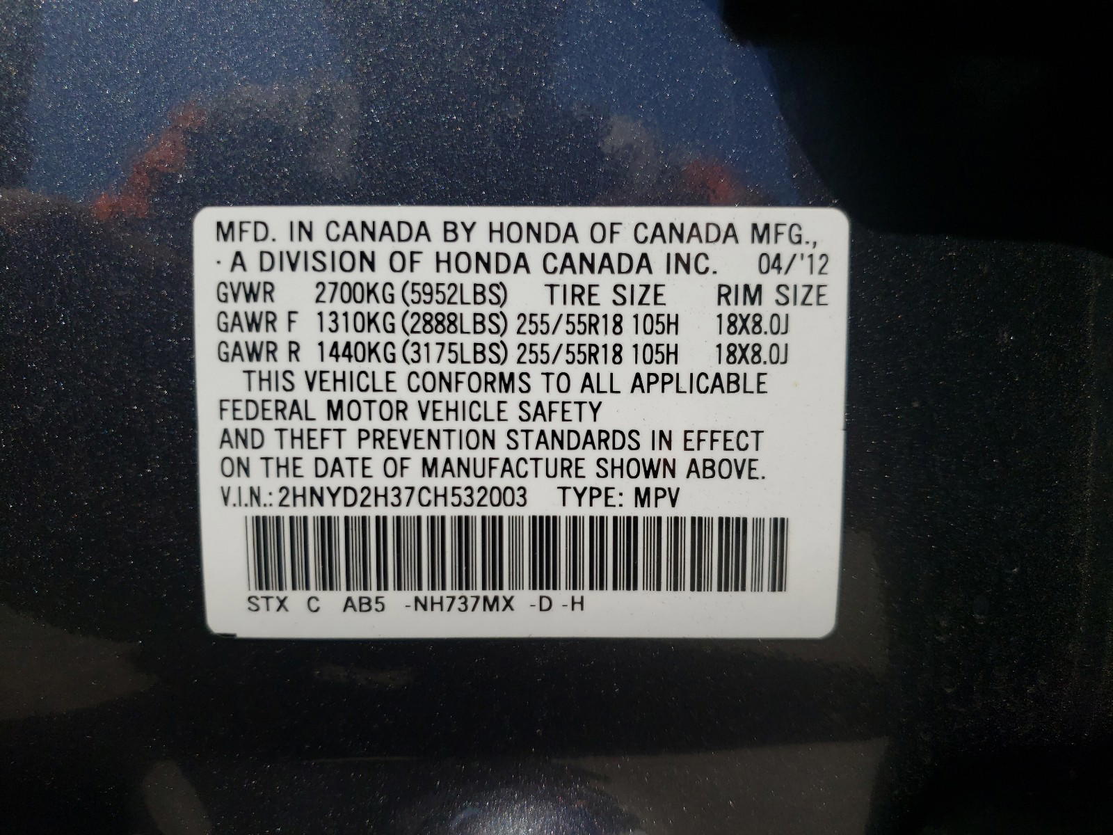 Photo 10 from auction – 2012 ACURA MDX TECHNO with VIN 2HNYD2H37CH532003